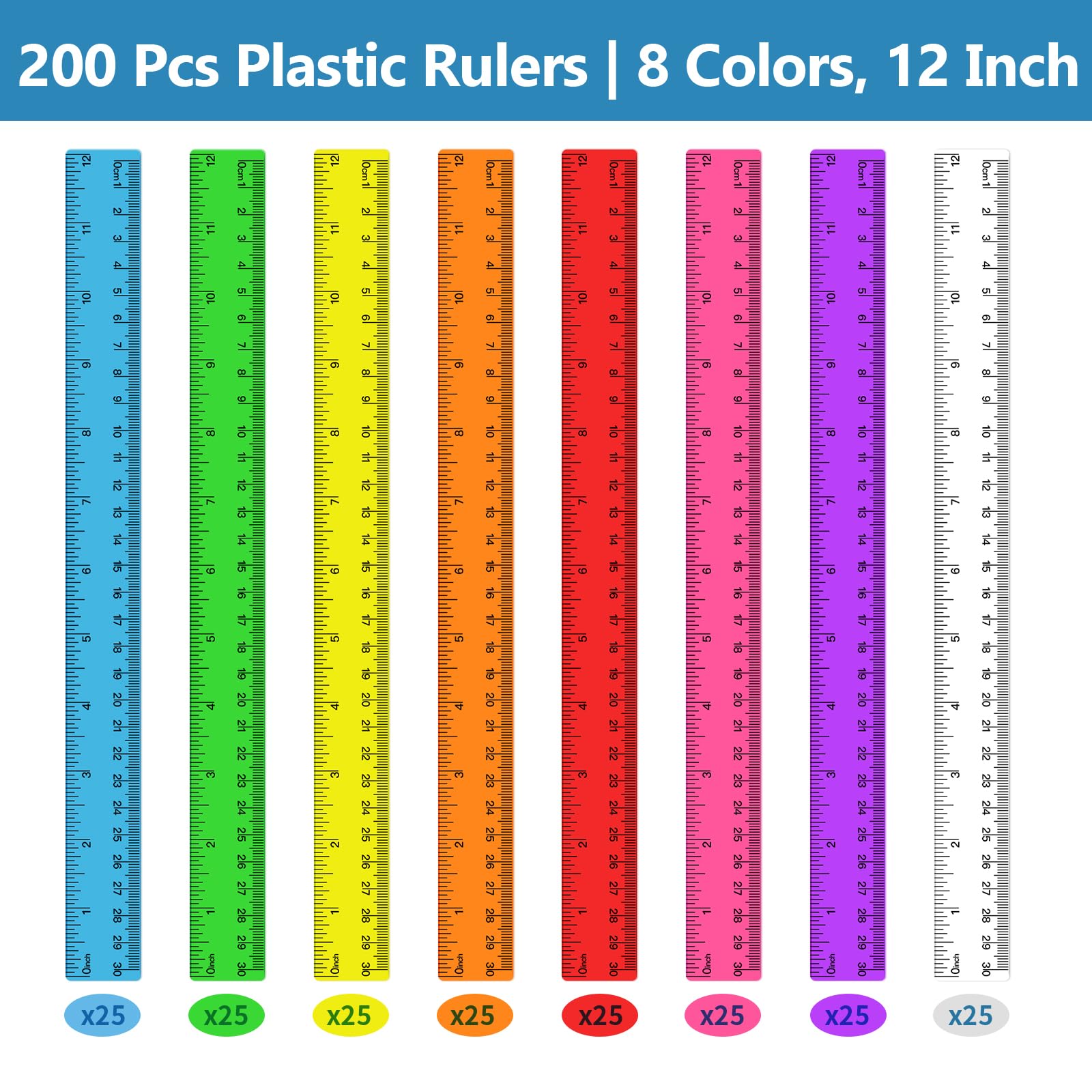 Kunststoff-Lineale in 8 verschiedenen Farben, transparente Lineale mit Zoll, Zentimeter und Millimeter, langlebige ABS-Schullineal für Kinder, Klassenzimmer, Büro, Zuhause, Schulbedarf, 200 Stück