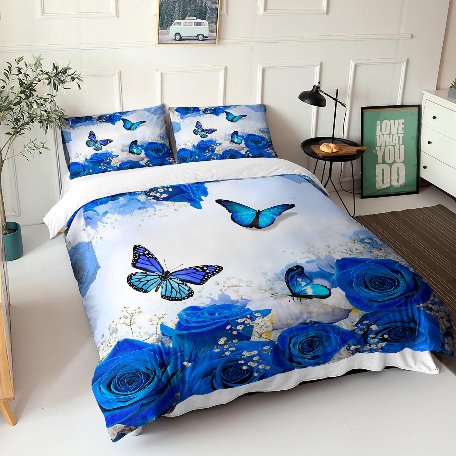 AILONEN Butterfly Duvet Cover Set, Full Size, Blue Rose Bedding Set, Romantic Floral Comforter Cover, 3D Duvet Cover for Girls & Adults, 3 Pieces (1 Quilt Cover & 2 Pillowcases)
