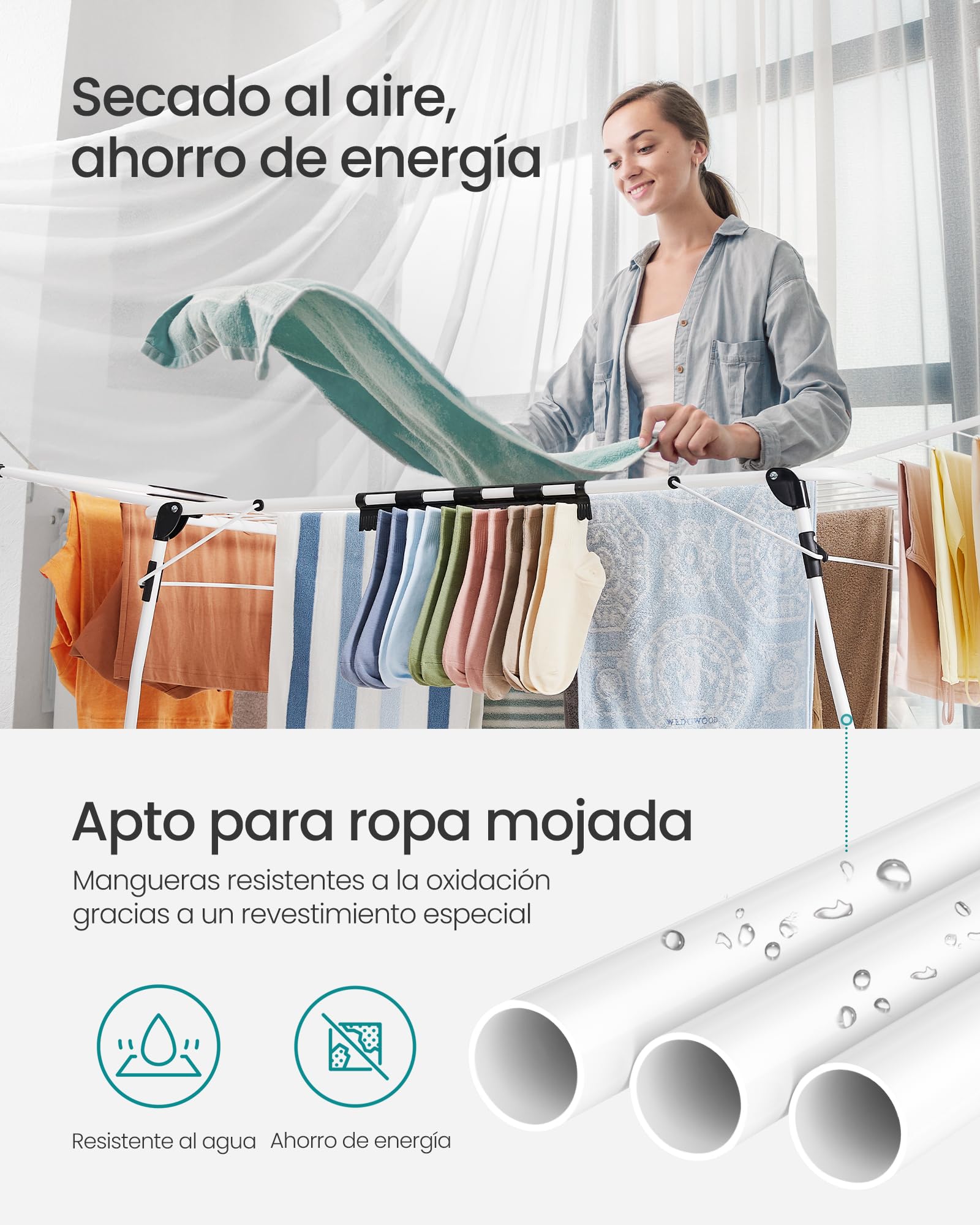SONGMICS Tendedero de pie, 56,5 x 173 x 96,5 cm, tendedero de alas para Ahorrar Espacio, con Soporte para Calcetines, Metal, para Ropa, Toallas, lavandería, Blanco LLR518W01