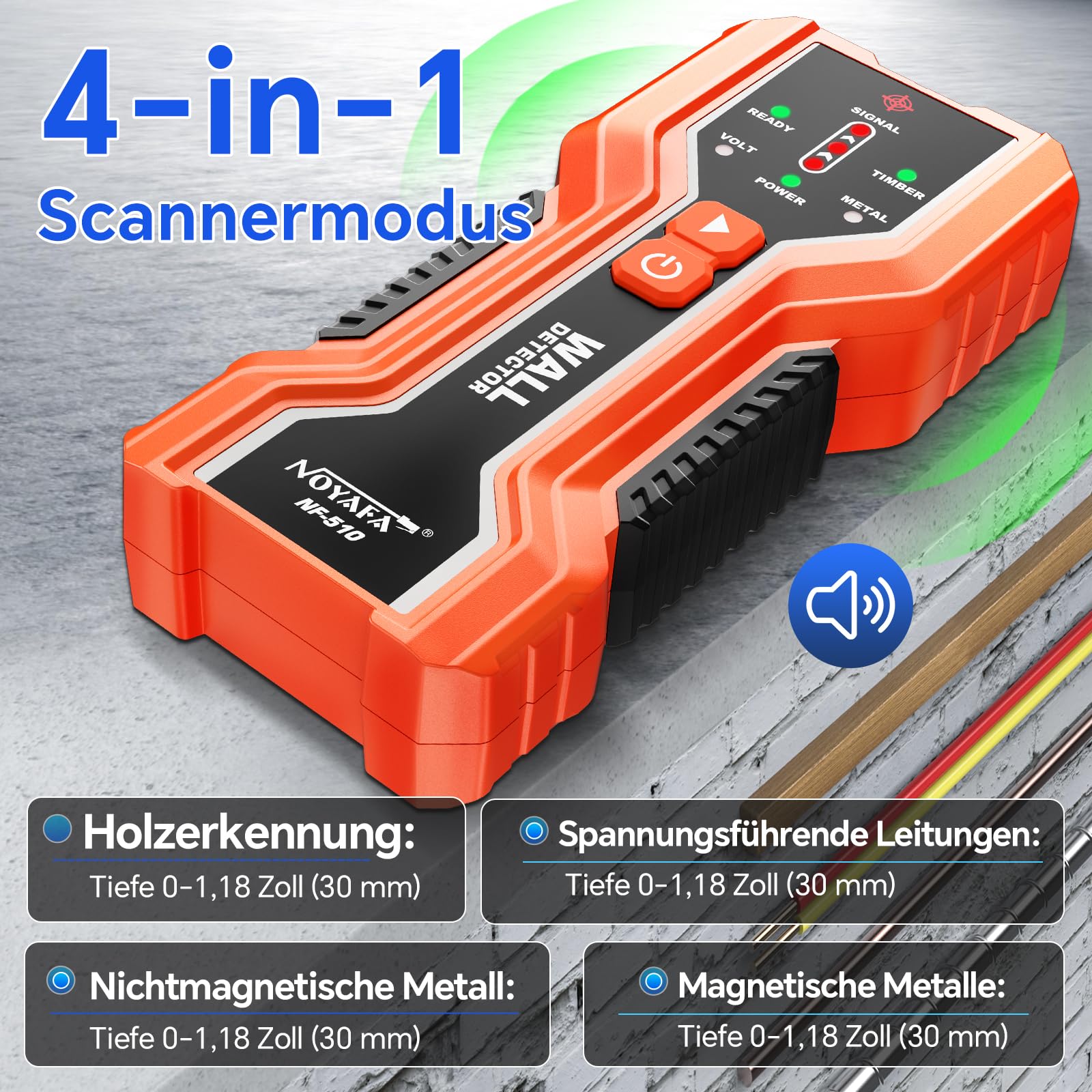 NOYAFA Wanddetektor, 3-in-1 Leitungssucher Ortungsgerät mit akustischer Warnung, Bolzensucher zur Erkennung von Holz, Metall, Rohren & stromführenden Leitungen – inkl. Batterie