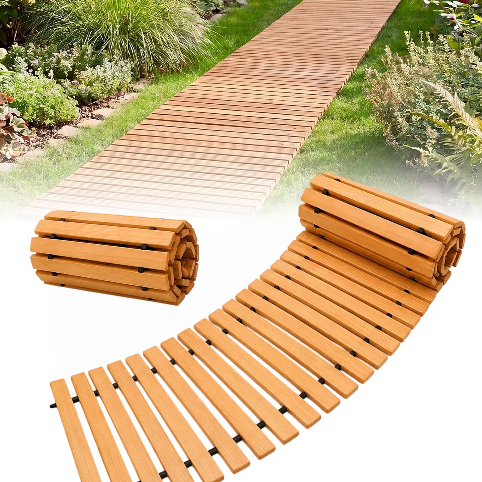 Chemin de jardin en bois de sapin, enroulable, 183 × 45 cm, courbé