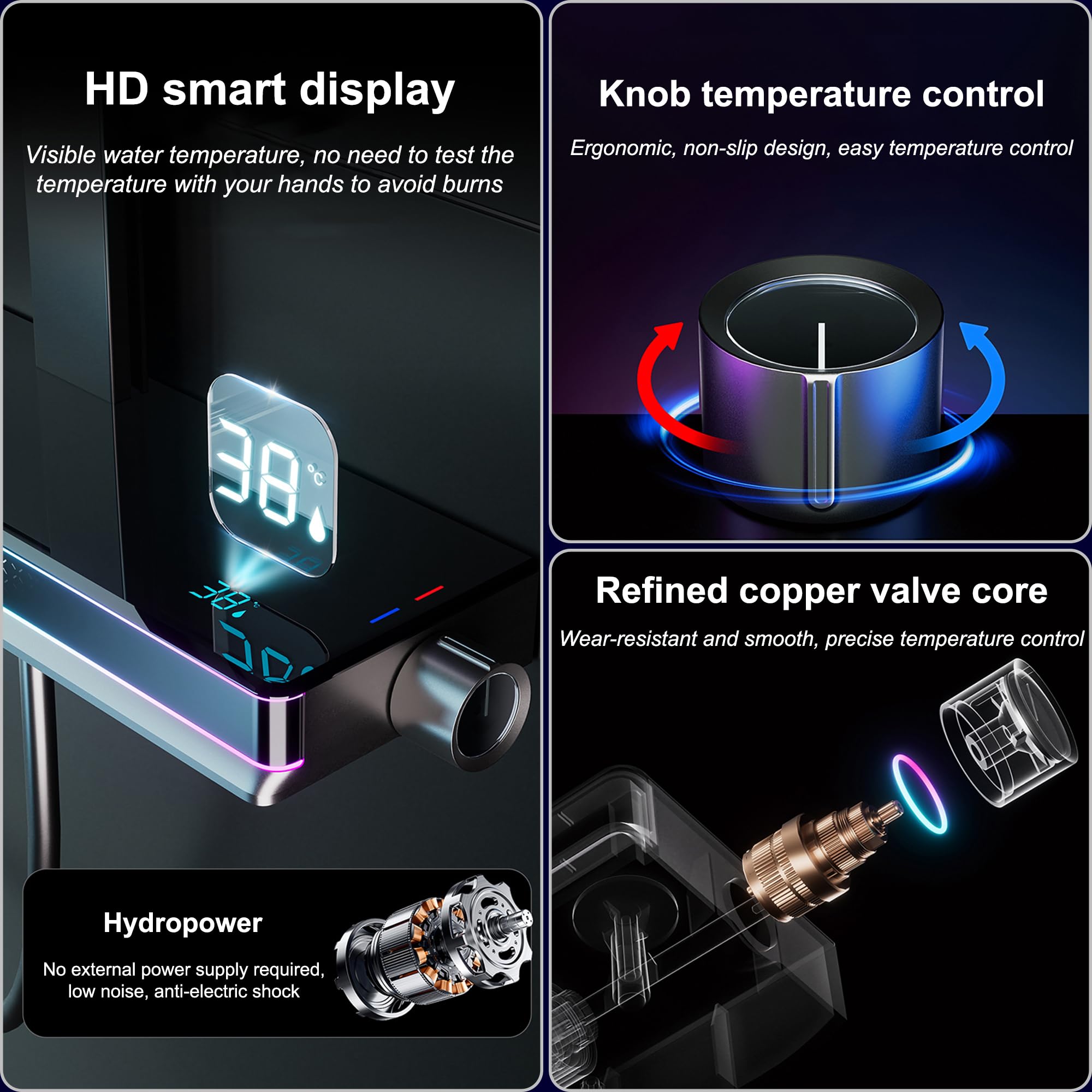 MocArt SFES8 - Sistema doccia futuristico per bagno, 5 funzioni, display digitale della temperatura, soffione doccia multi-angolo, massaggio addominale e schiena, nucleo della valvola in rame