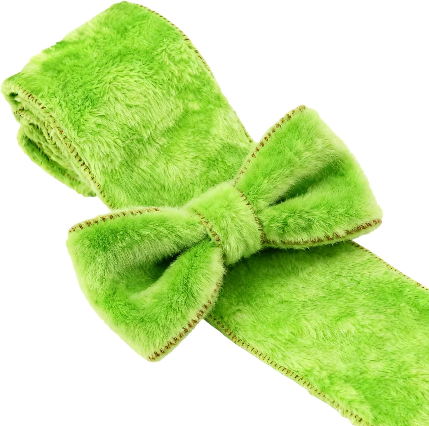 Meseey 4 Inch x 5 Yards Green Faux Fur Christmas Ribbon Red Velvet Wired Edge Ribbon for Gift Wrapping, Wreath Bow Making, DIY Crafts, Xmas Tree Decorations