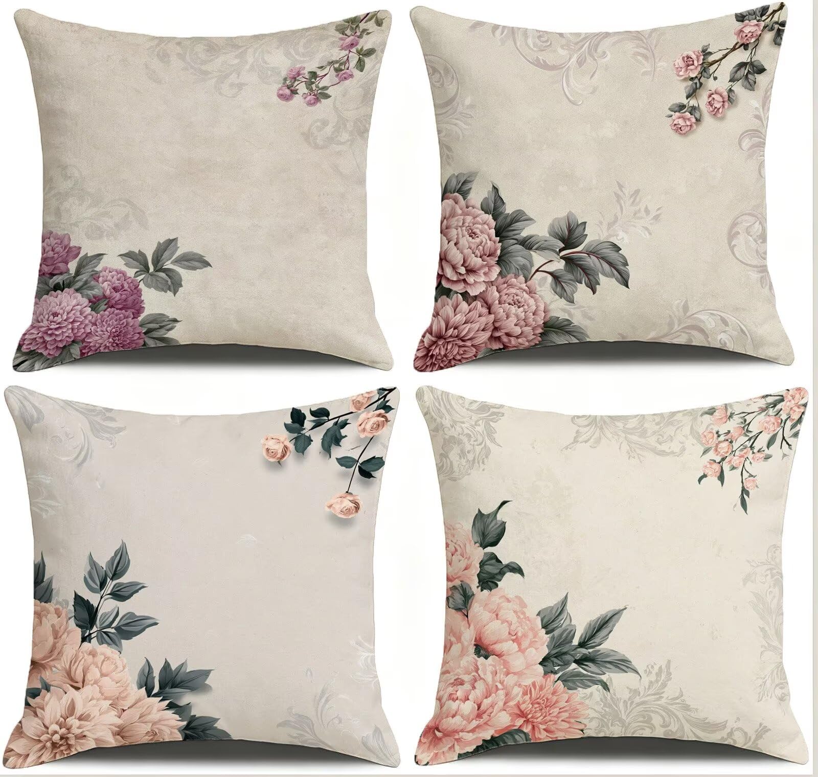 Coussin Exterieur Impermeable Rose, Taie Oreiller 60x60 Set de 4, Cod-3739