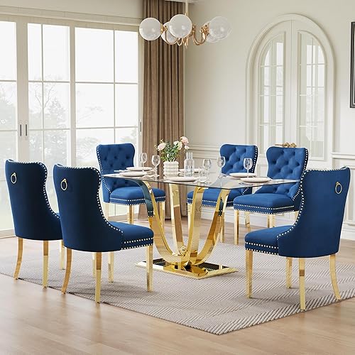 Miniatura 9 de Juego de mesa de comedor de cristal de 70 pulgadas para 6, moderna mesa de cocina de vidrio de 7 piezas y 6 sillas tapizadas de terciopelo, juego