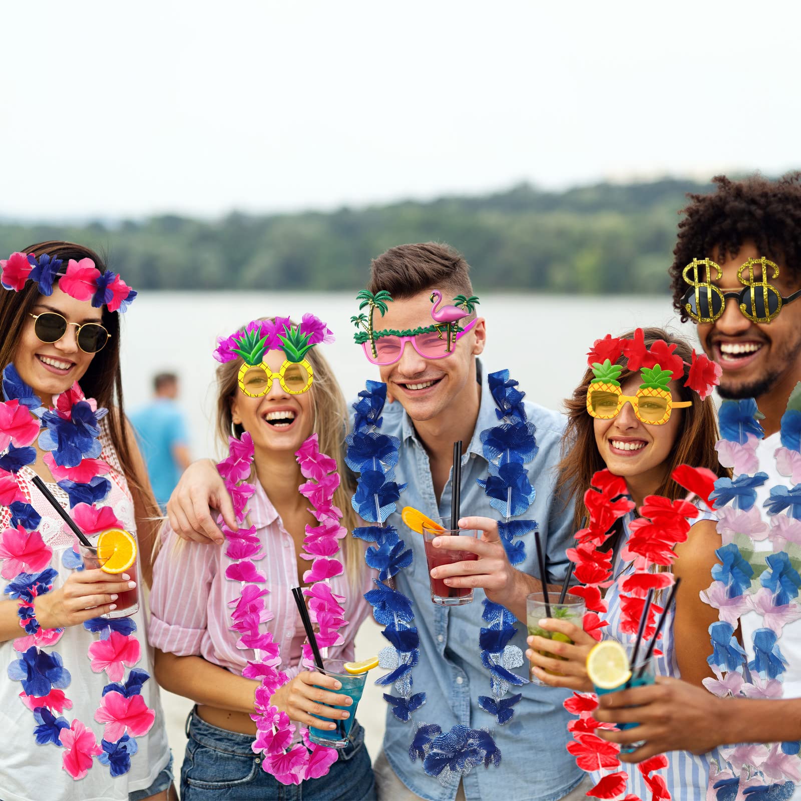 Set Fiesta Hawaiana: 15 Guirnaldas Lei, 3 Gafas Piña, Tatuajes – Decora Tu Tropical Party