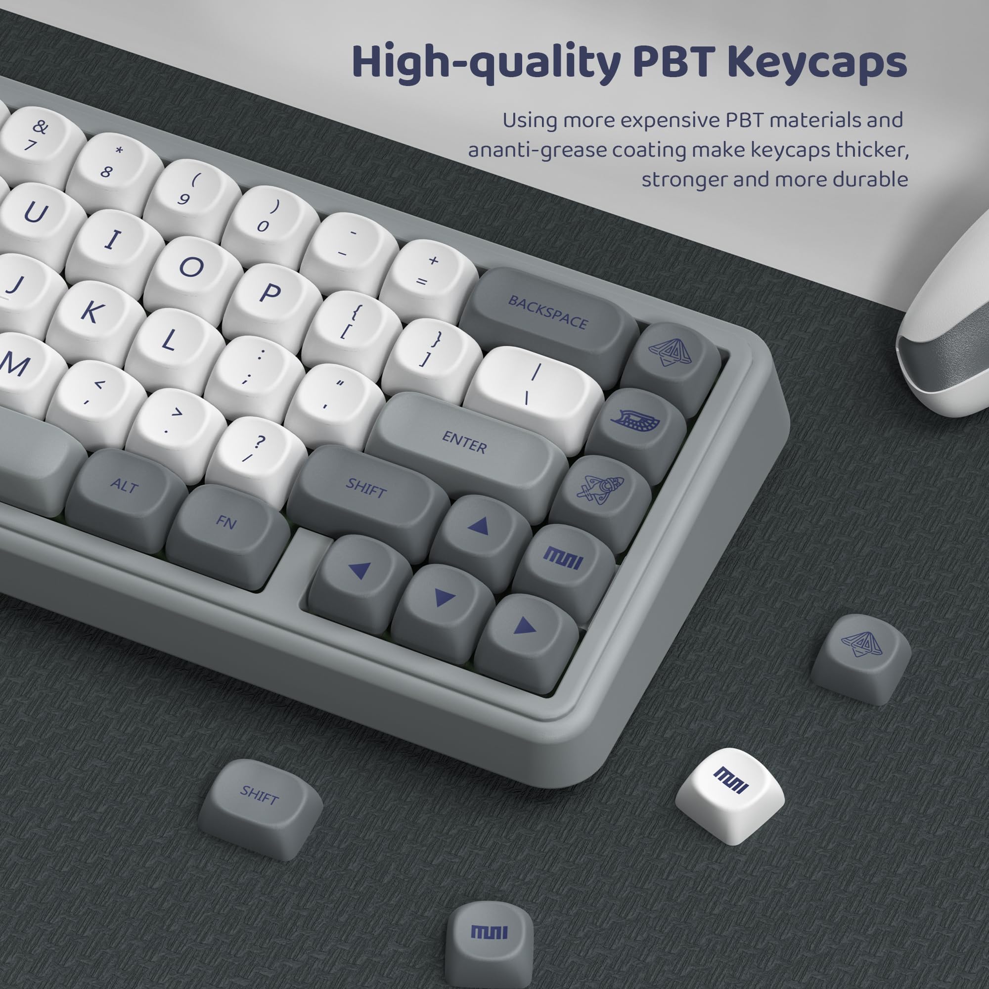 Womier PBT MOAキーキャップセット 昇華プリント ホワイト/グレー 日本風 | レトロデザイン, 100%/75%/65%/60%対応, MX軸対応, TKL US配列対応, カスタム交換用