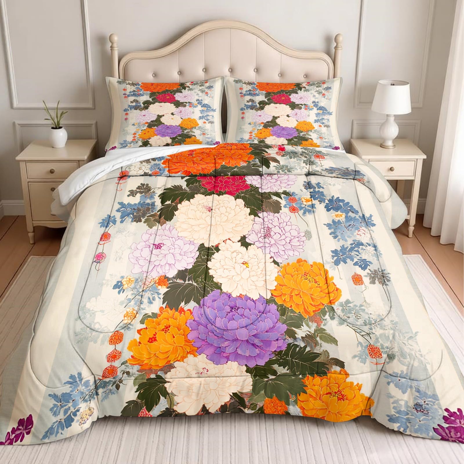 Edredón Decorativo 4 Estaciones Crisantemo 220 x 240 cm Gris Claro Relleno Nórdico Suave, Estilo Moderno Lavable