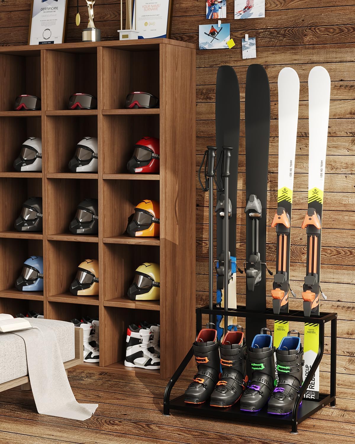 Support à Skis Autoportant Robust - Rack De Rangement Pour Équipement De Ski Avec Espace Pour Skis, Chaussures Et Casques - Organisateur Polyvalent Pour Garage Et Sous-Sol