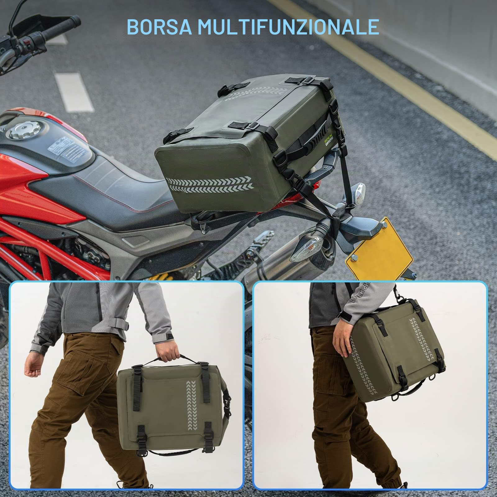 ROCKBROS Borsa Posteriore Impermeabile per Moto, Borsa da Sella Motocicletta, Granda Capacità 30L, con Tracolla, per Motociclismo, Escursionismo, Viaggio, Outdoor | Borsa da sella per moto, riflettente, per escursionismo, attività all'aperto