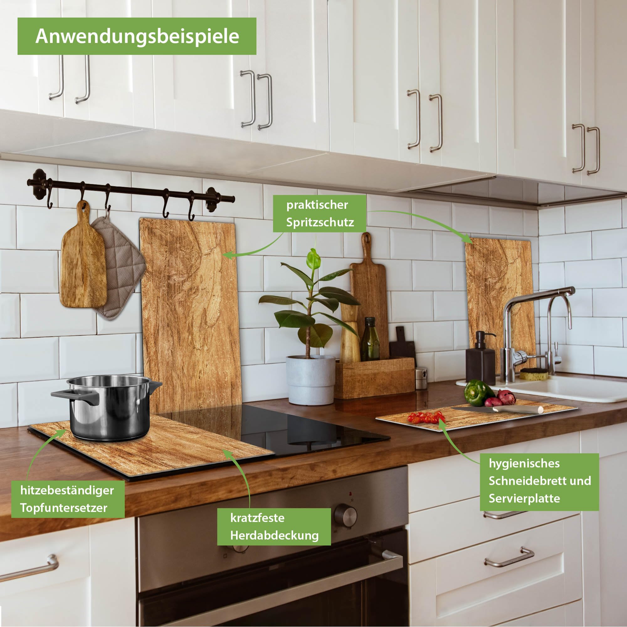 banjado Herdabdeckplatte Glas 2-teilig 60x52 cm, robuste Ceranfeld Abdeckung und Schneidebrett Glas aus gehärtetem Glas, Spritzschutz Küche in warmer Holzoptik mit Motiv Holz Struktur mit Astloch