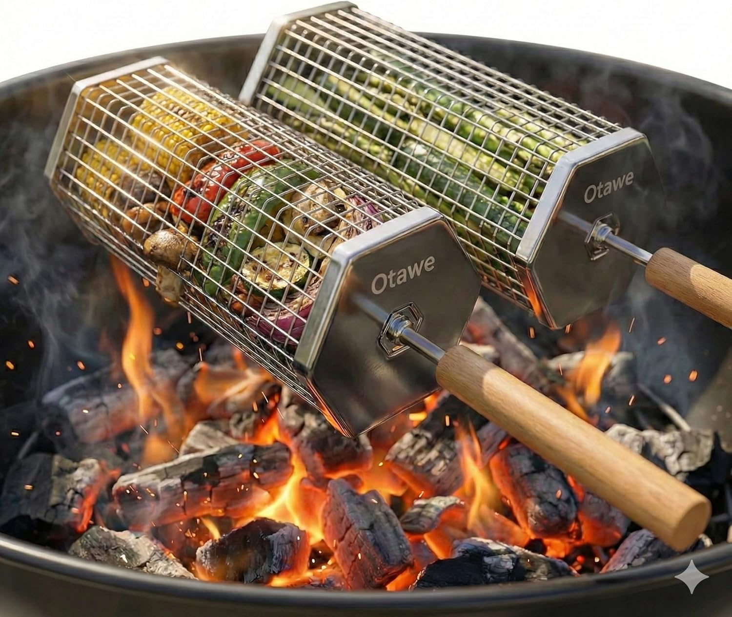 Otawe 2 Pack Rolling Grill Basket with Lid & Removable Wooden Handle - Stainless Steel BBQ Accessory for Veggies, Shrimp, Meat