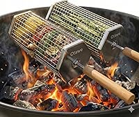 Otawe 2 Pack Rolling Grill Basket with Lid & Removable Wooden Handle - Stainless Steel BBQ Accessory for Veggies, Shrimp, Meat