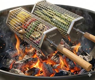 Otawe 2 Pack Rolling Grill Basket with Lid & Removable Wooden Handle - Stainless Steel BBQ Accessory for Veggies, Shrimp, Meat