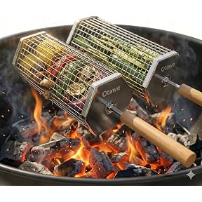 Rolling Grill Basket, Removable Wooden Handle, 304 Stainless Steel, Nesting Grilling Tools, Smoker BBQ Accessories for Vegetable, Outdoor Cooking Camping, Birthday Gifts for Men Dad Husband