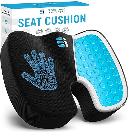 ERGONOMIC INNOVATIONS Gel Enhanced Memory Foam Seat Cushion for Office Chair, Coccyx Lower Back Support Tailbone Pain Relief Cushions, Work Chair Pad Pillow, Sciatica, Butt, Desk Chair Cushion - Black - Gel Enhanced