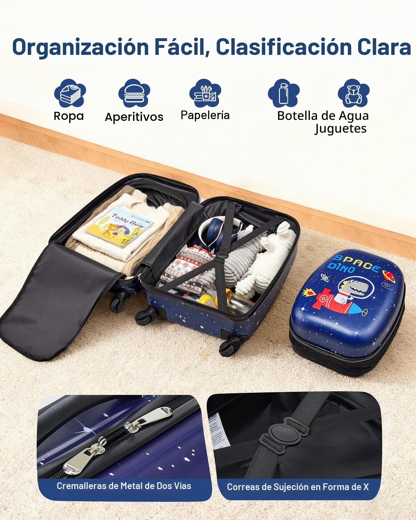 VEVOR Juego de Maletas Infantiles 2 Piezas, Maleta de Cabina con Ruedas 45,7 cm, Mochila de Carcasa Dura, Dinosaurio Azul Marino, Equipaje Infantil para Escuela Viaje Camping, Aprobado por Aerolíneas