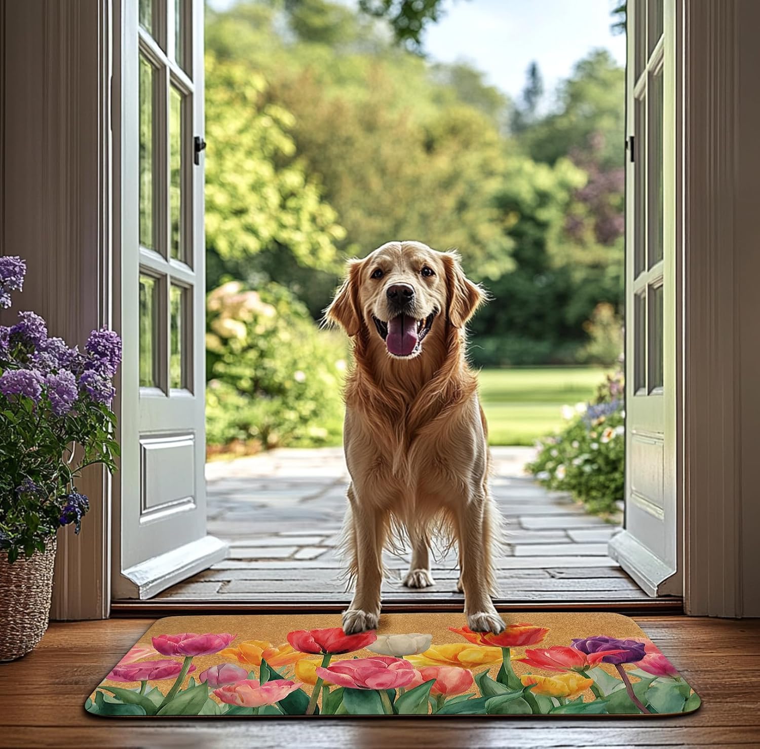 Floral Front Door Mat – 30×17″ Faux Coir Non-Slip Welcome Mat for Indoor/Outdoor Entry, Durable Dirt-Trapping Spring Outdoor Door Mat, Colorful Floral Doormat for Porch, Housewarming