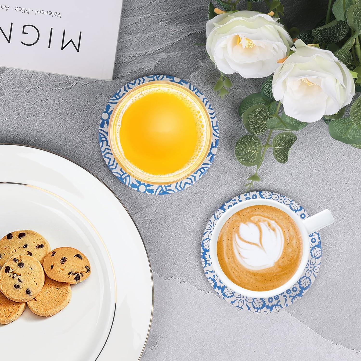 Coasters with Holder,Blue and White Style Ceramic Drink Coaster, Absorbent Coaster Sets of 6 for Tabletop Protection,Suitable for Kinds of Cups,Cool Home Decor, Wooden Table, 4.1 Inches - Image 5