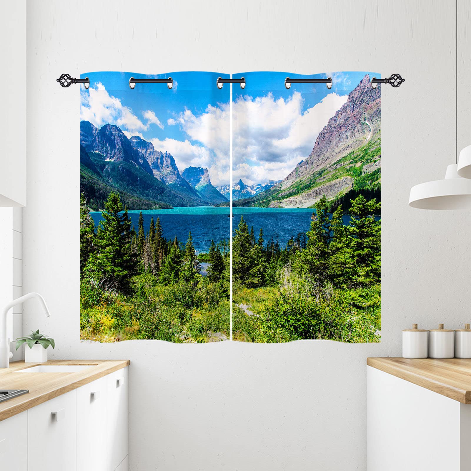 ANHOPE Lake Curtains Eyelet 80% Blackout Room Darkening Curtains with Nature Theme Mountain Lake Scenery Print Pattern Light Blocking Window Drapes for Bedroom Living Room 28 x 54 Inch Drop 2 Panels โ image 1