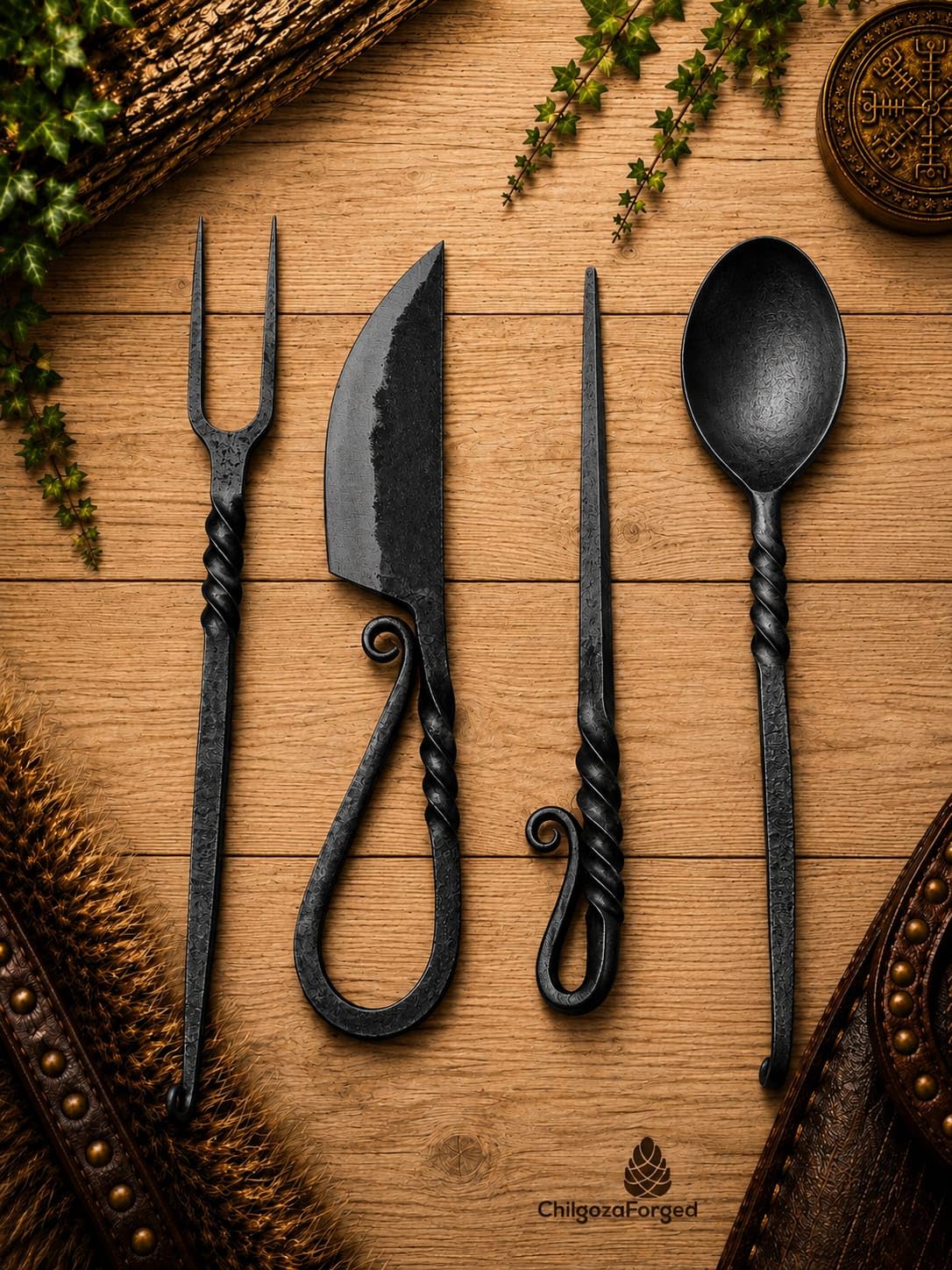 Chilgoza Forge Hand Forged Viking Cutlery Set with Leather Cover, 4-Piece Medieval Silverware Set, Handmade Knife, Fork, Spoon & Pick, Double Twisted Handle Rustic Flatware for Camping & Dining-Black