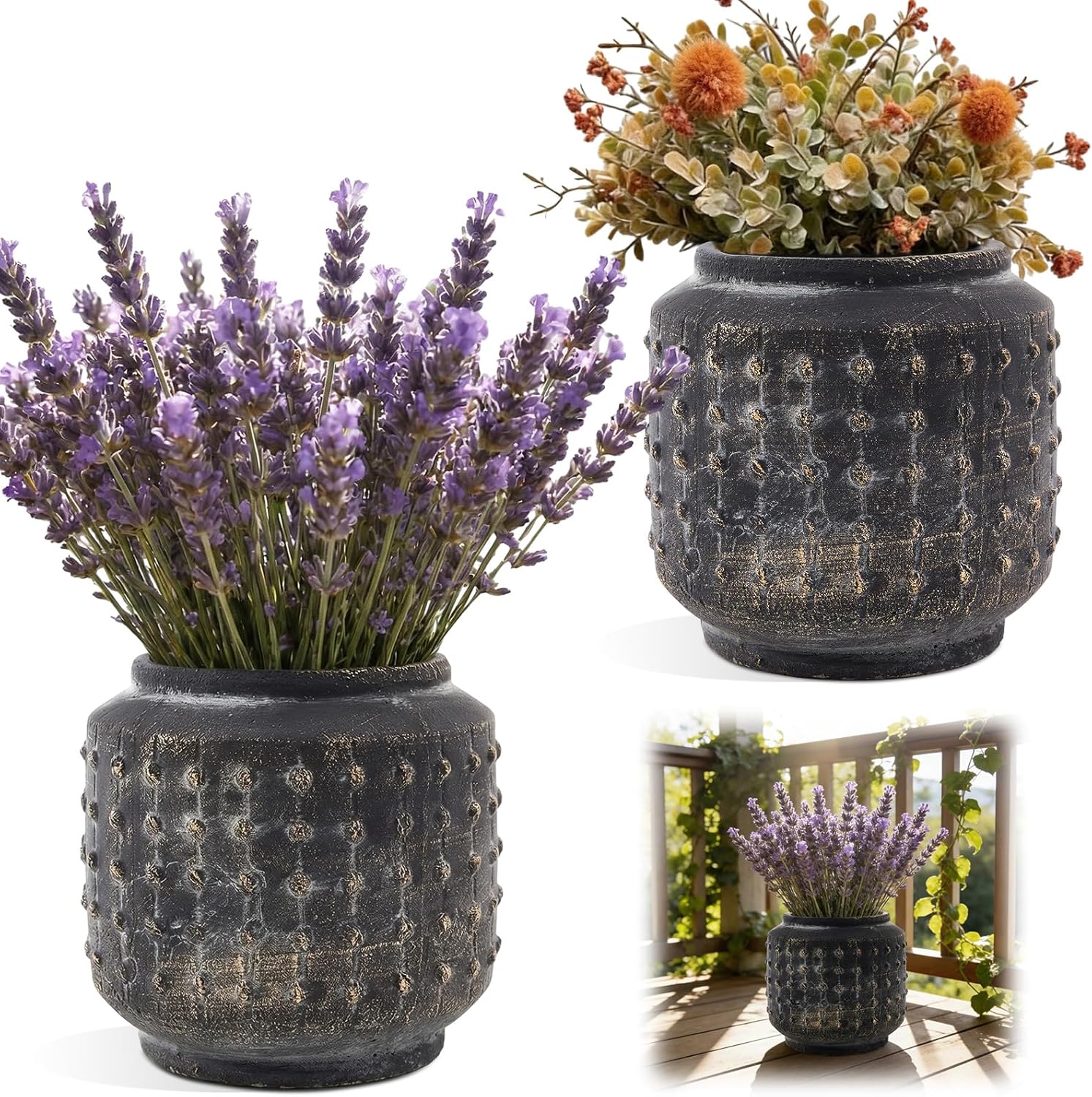 1 Pcs 7.5 Inch Rustic Hobnail Planter with Distressed Finish, Vintage Brown Hobnail Vase, Decorative Farmhouse Cement Fiber Flower Pot for Indoor Outdoor Home Living Room Entryway Decor