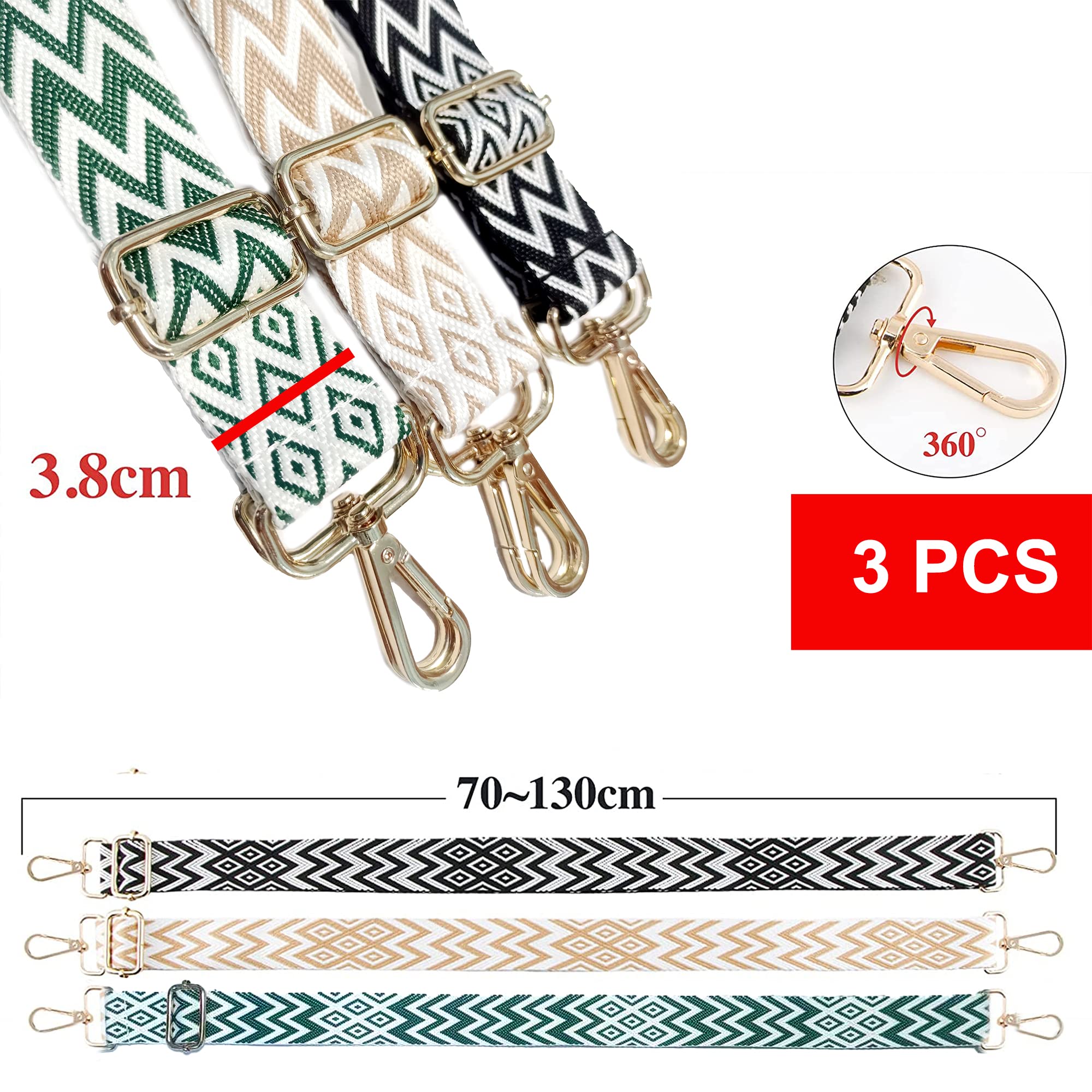 Set Di 3 Cinghie Larga Tracolla Multicolore - Regolabili 75-145 Cm - Nylon Antiscivolo - Per Borsa Messaggero E Borsetta