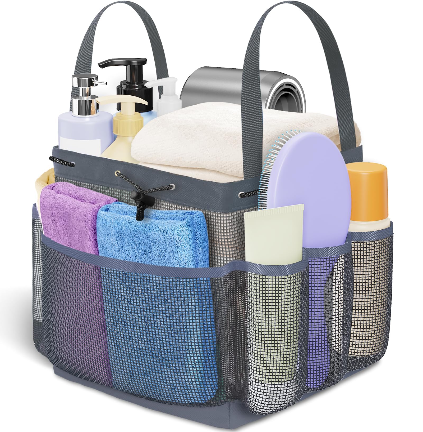 Mesh Shower Caddy Portable with Drawstring 1 Main Compartment 7 Pockets College Dorm Room Essentials for Girls Shower