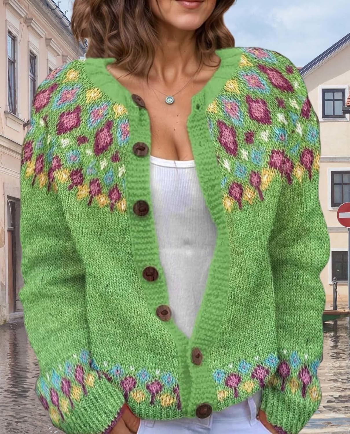 Women's Fair Isle Pattern Knit Cardigan Sweater Vintage Button Down Open Front Jacket Coat for Fall & Winter 2025 - Image 3