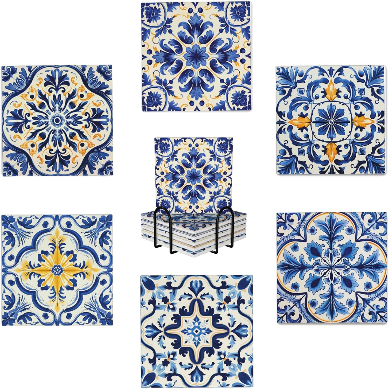 Coaster for Drinks Set of 6, Blue Vintage Spanish Ceramic Floral Absorbent Round Ceramic Stone Mat, with Cork Base and Metal Holder, Gift for Housewarming Room Bar Decor (Azulejo Tile-1)
