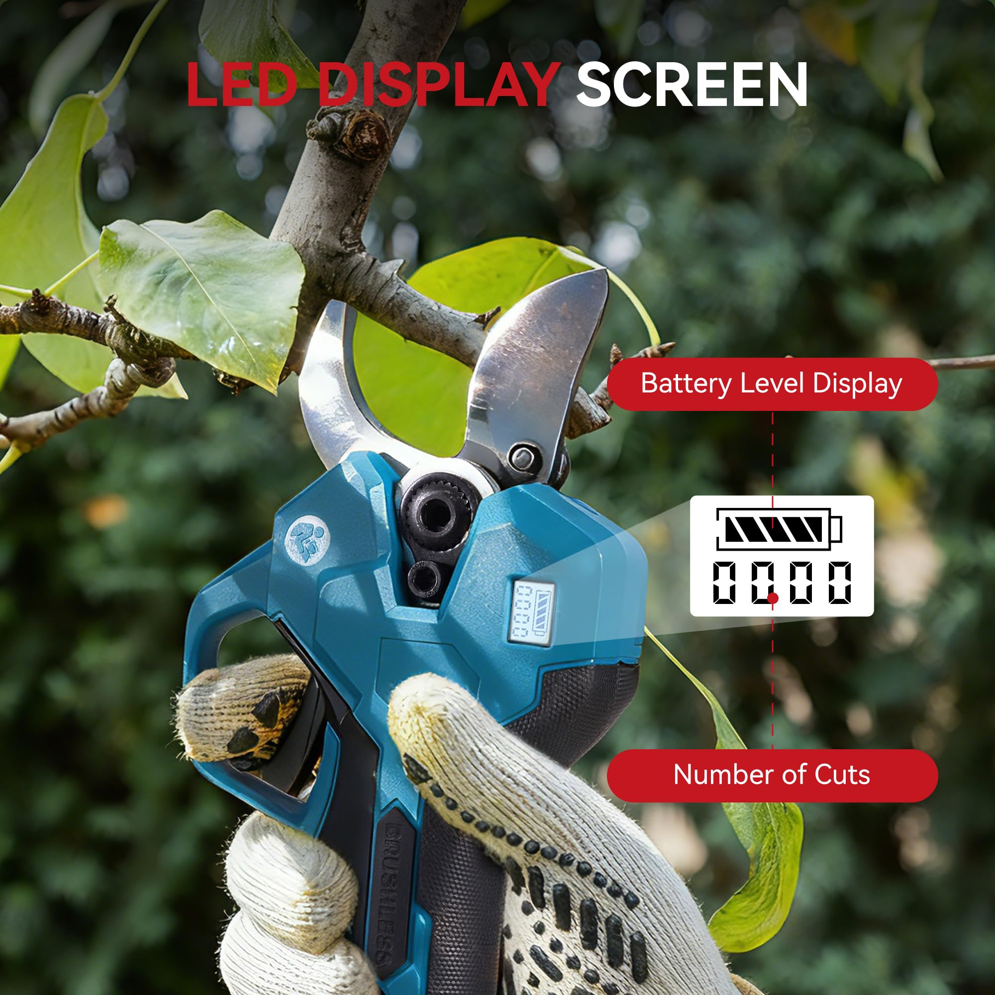 ONEVAN Sécateur Électrique sans Fil 40mm, Cisaille de Jardin, Brushless Taille haie avec 2×1,5Ah Batteries, Lames SK5 & Écran LCD, Outil de Jardinage pour Coupe de Branches, Élagage des Arbres
