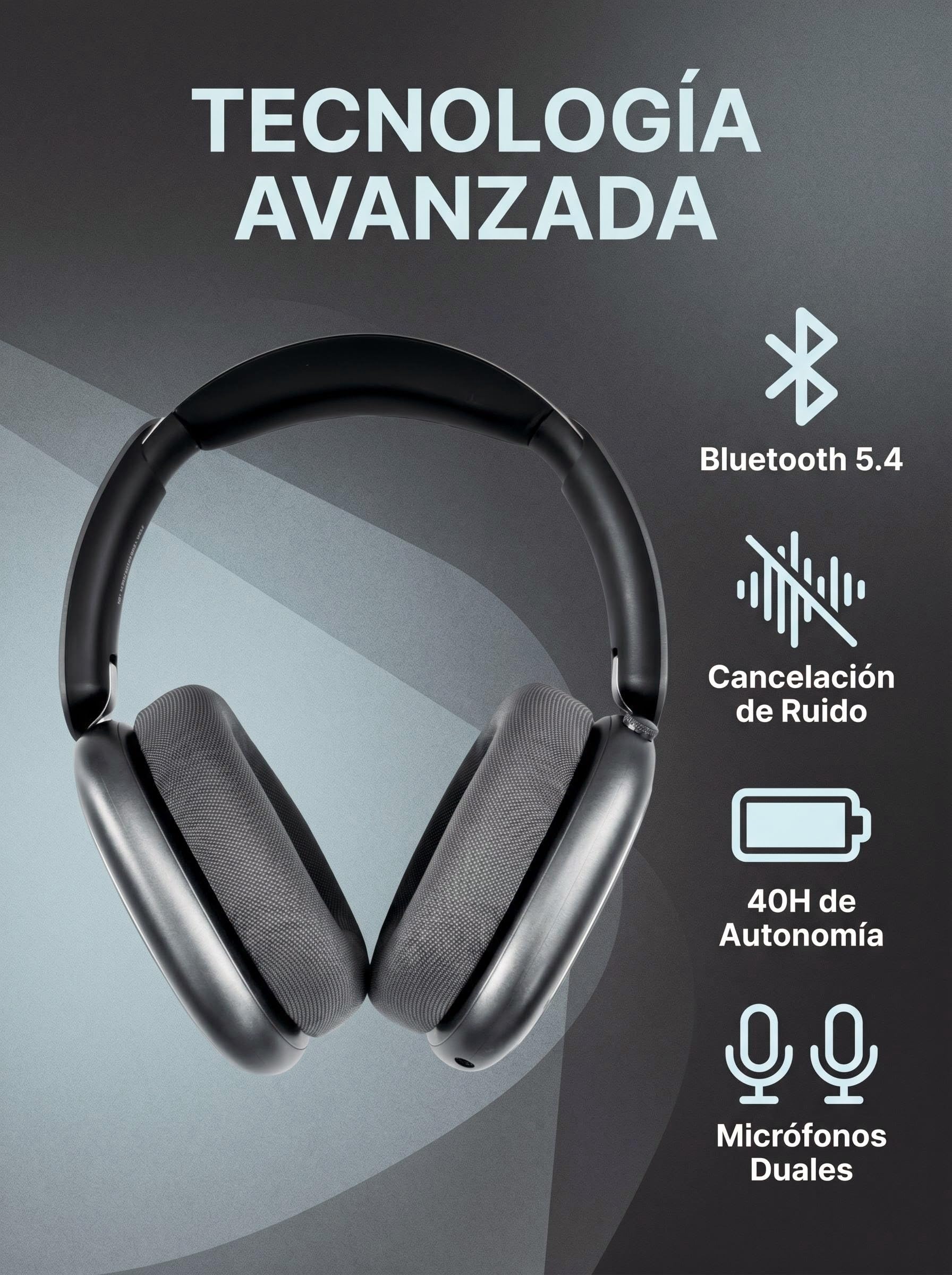 Next Destination ND905-ANC Auriculares Inalámbricos de Diadema Bluetooth 5.4 Cancelación de Ruido Activa 40H Autonomía Bajo Potente Cascos con Micrófonos para Llamadas Almohadas Magnéticas Negro