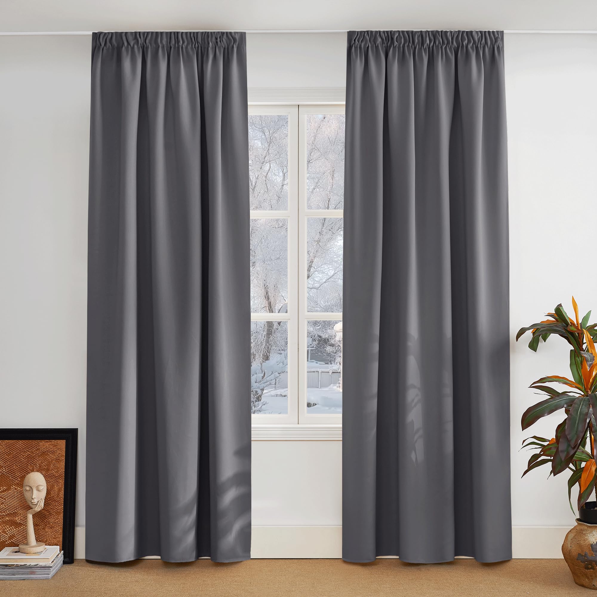 PONY DANCE Thermovorhang Kälteschutz Kräuselband Gardinen Grau Blickdicht 2er Set H 245 x B 140 cm Verdunklungsgardine für Schienen Blackout Vorhang für Wohnzimmer & Schlafzimmer