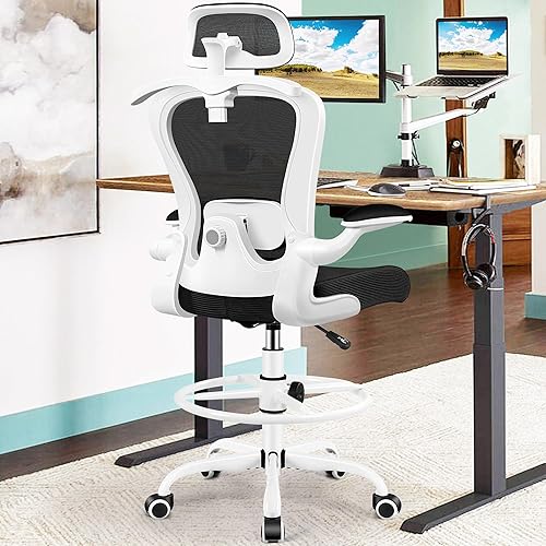 Miniatura 9 de Silla de Dibujo, Silla de Oficina Alta con Soporte Lumbar y para la Cabeza 3D, Silla Ergonómica de Malla para Escritorio de Pie con Reposapiés,