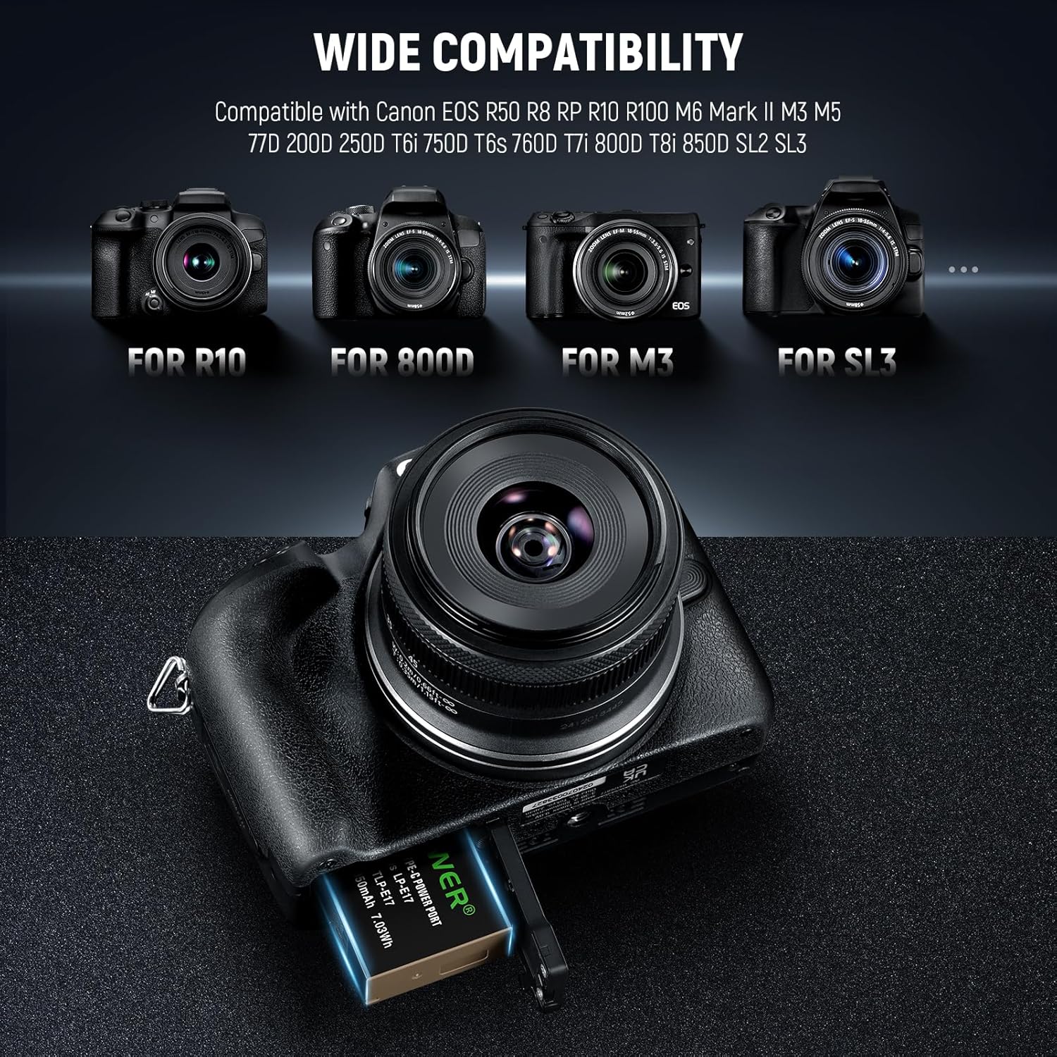 NEEWER 950mAh LP-E17 Replacement Camera Battery for Canon EOS R50 R8 RP R10 R100, 2.3 Hrs Full Charge with USB Type C Fast Charging for Canon M6 II M5 M3 77D T6i 750D T6s 760D T7i 800D T8i 850D