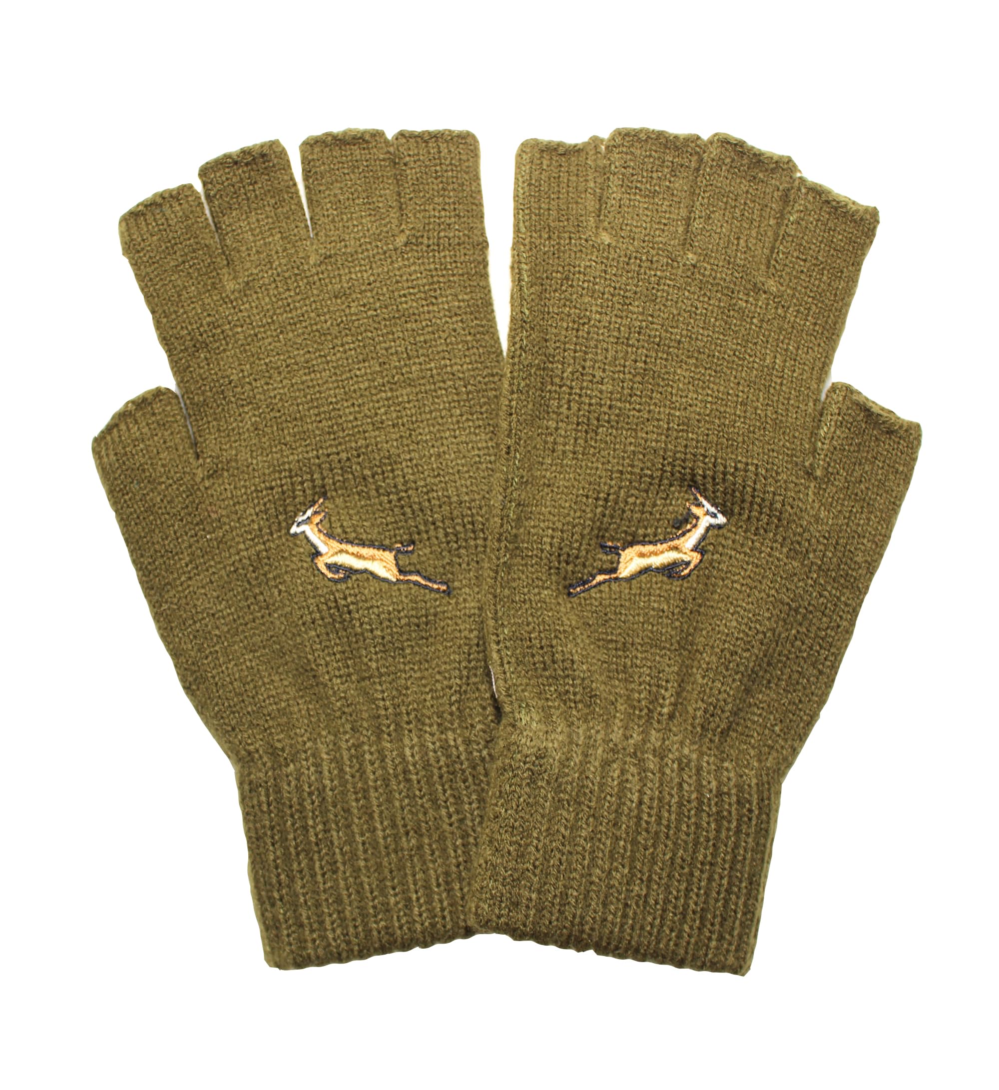 Teddyt's Men's Khaki Green Embroidered Springbok Warm Thermal Knit Fingerless Winter Gloves (Khaki Green)