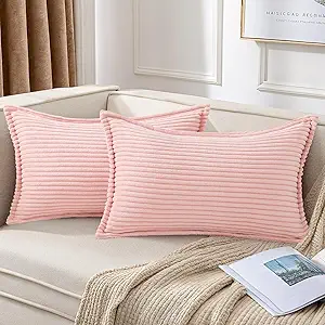 Mecatny Corduroy Throw Pillow Covers 12x20 Set of 2, Neutral Decorative Soft Boho Lumbar Couch Pillow Covers with Broadside for Sofa Living Room, Pink