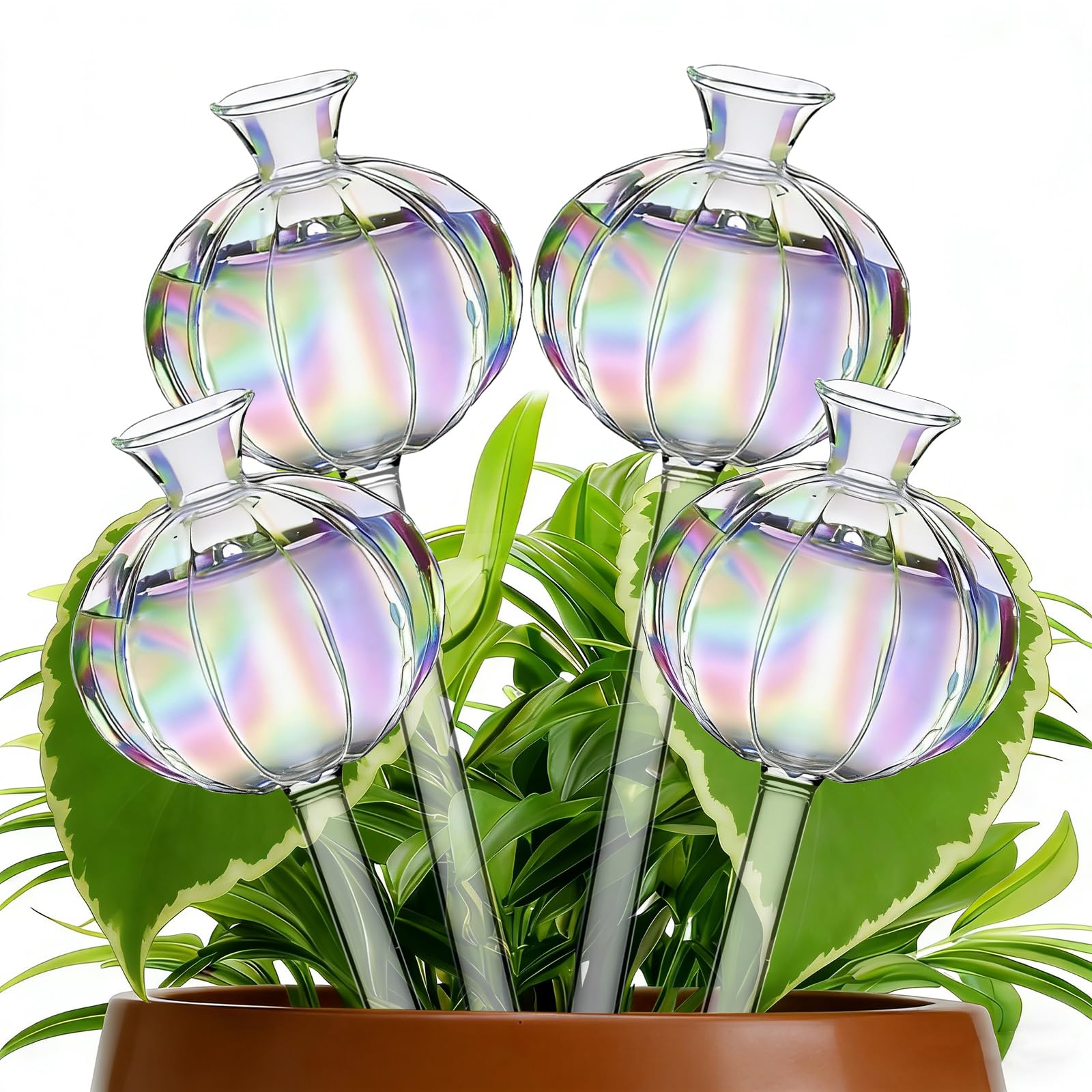 OUZHOU Plant Watering Globes 4 Pack, Iridescent Glass Self Watering Plant Spikes Automatic Plant Waterer, Slow Release Drip System for Indoor Outdoor Plants, Vacation Watering Bulbs Garden Plant Care