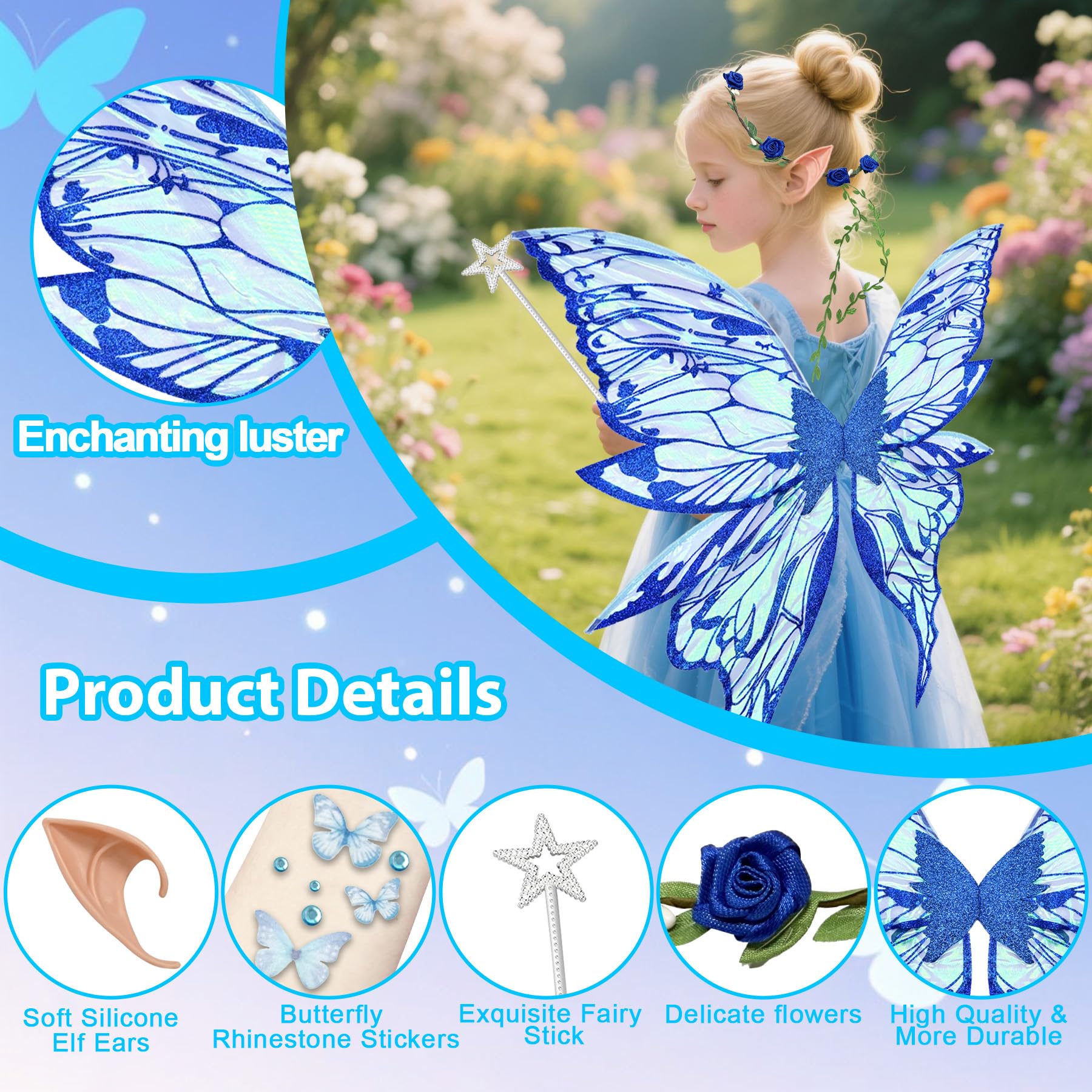 YeahBoom Children's fairy wings, butterfly wings with elf ears, fairy headband and star fairy wands, butterfly wings - Image 3
