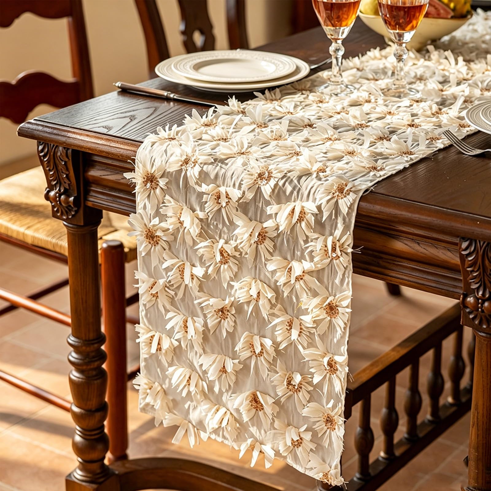Camino de Mesa Floral de Gasa, Camino de Mesa Bordado Vintage, Cubierta de Escritorio con Larga Decoración Retro para Comedor, Tocador de Café, Aparador(300cm/118.1in)