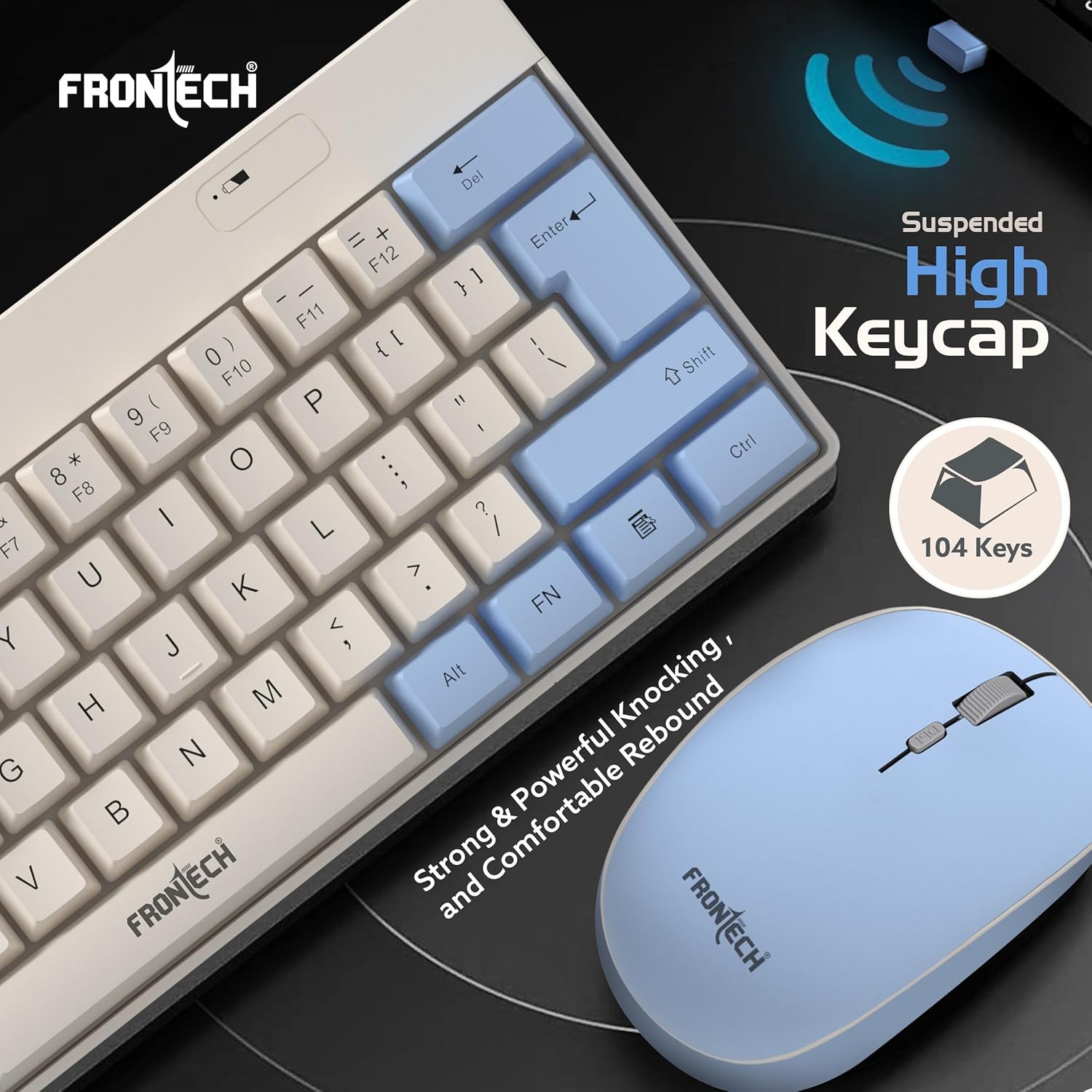 Close-up of the keyboard showing suspended high keycaps.