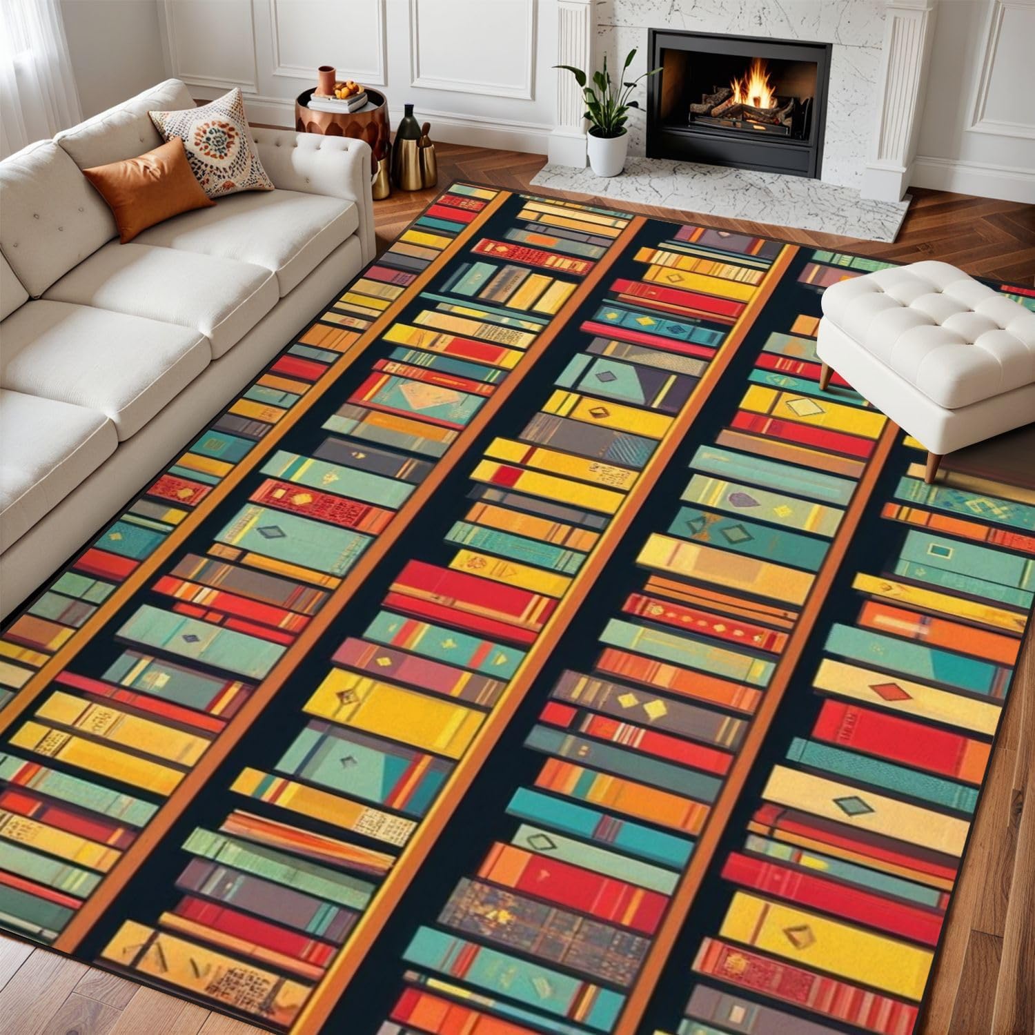 9x12 Area Rugs for Bedroom Boho Washable Rug for Living Room Vintage Library Bookshelf Bookworm Books Shelves Color Soft Rubber Backed Non-Slip Carpets for Nursery Room Home Decor