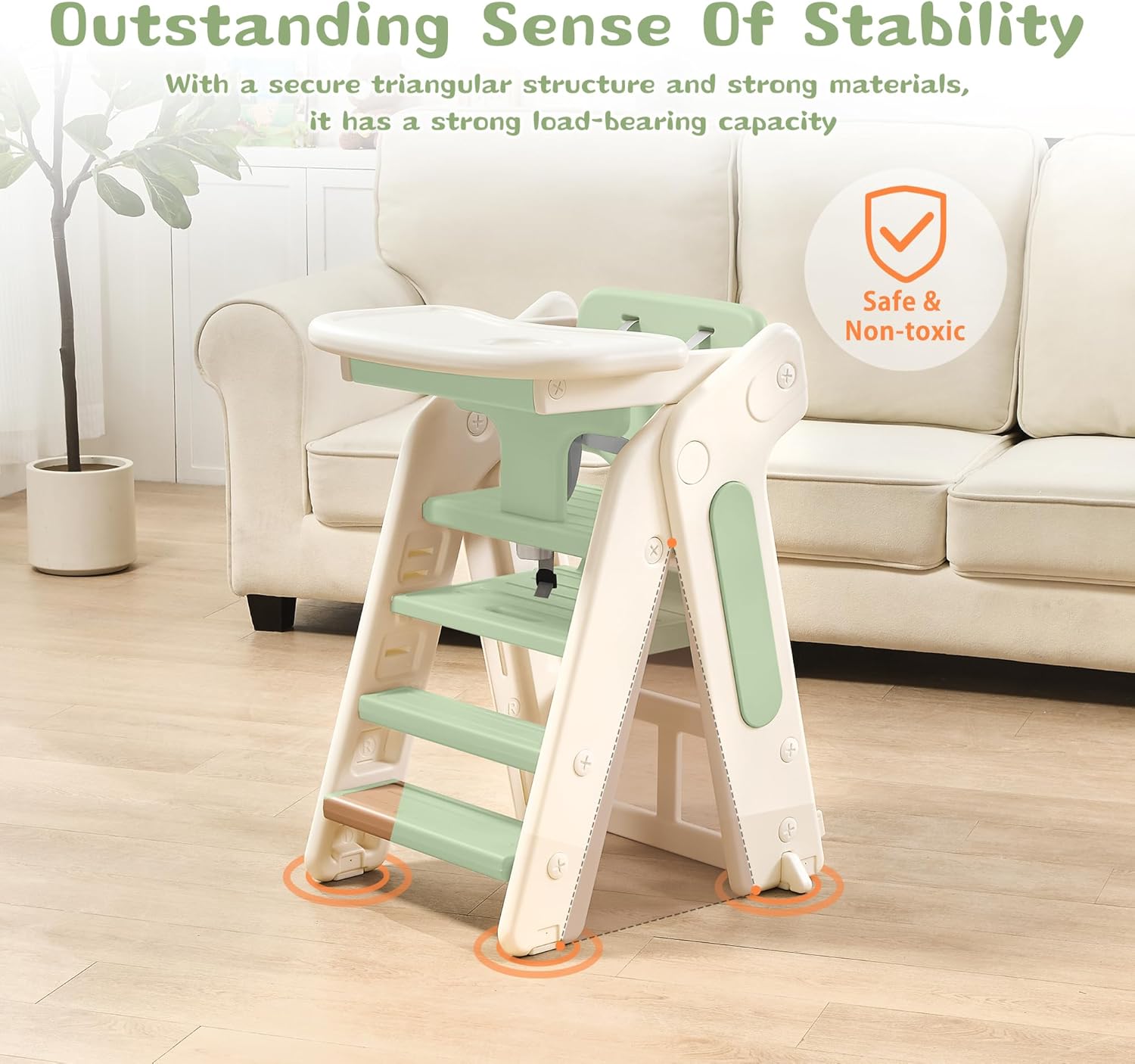 4-in-1 Convertible Toddler Step Stool, Adjustable Height Toddler Tower, Foldable Standing Tower with Safety Fence & Removable Dining Tray, Kids Step Stool for Kitchen Counter Bathroom Sink (Green)