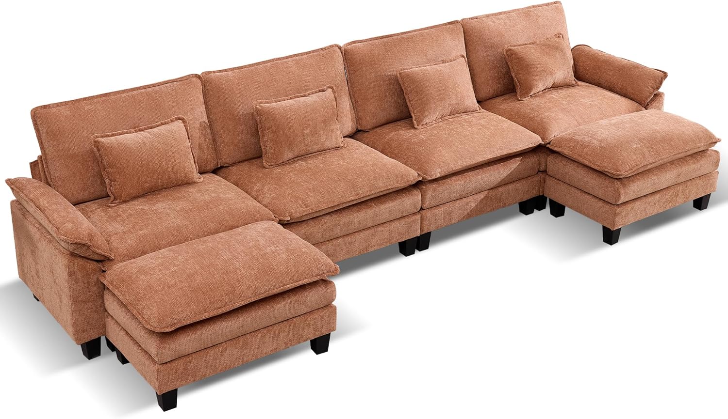 URRED Cloud Couch Modular Sectional Sofa, 157" Modern U Shaped Deep Seat Sofa with 2 Ottomans & Pillows, Ultra Comfy Chenille Couches for Living Room, Bedroom or Apartment, Orange