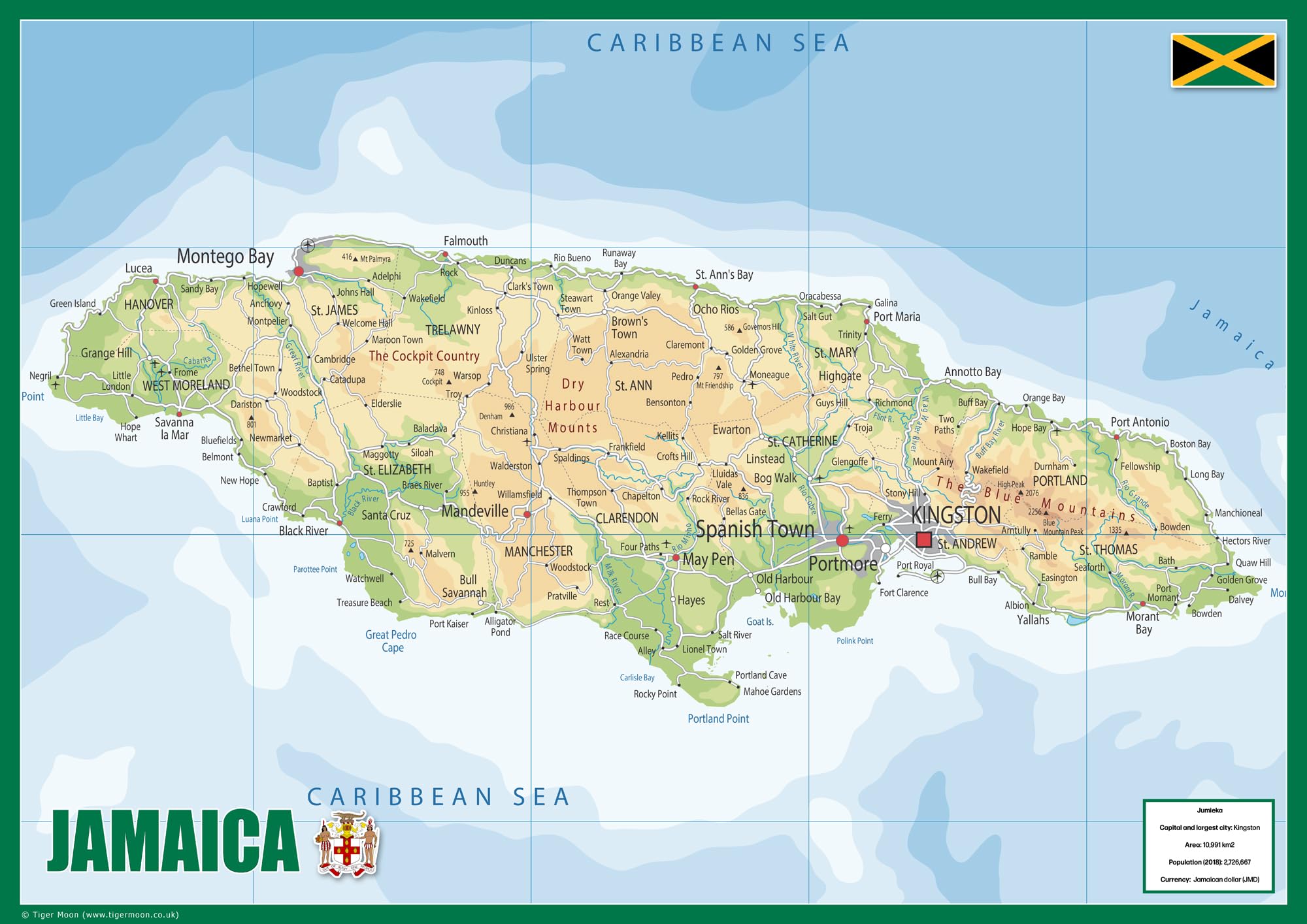 Physical Map of Jamaica - The Oxford Collection - Size A2 - Paper Laminated