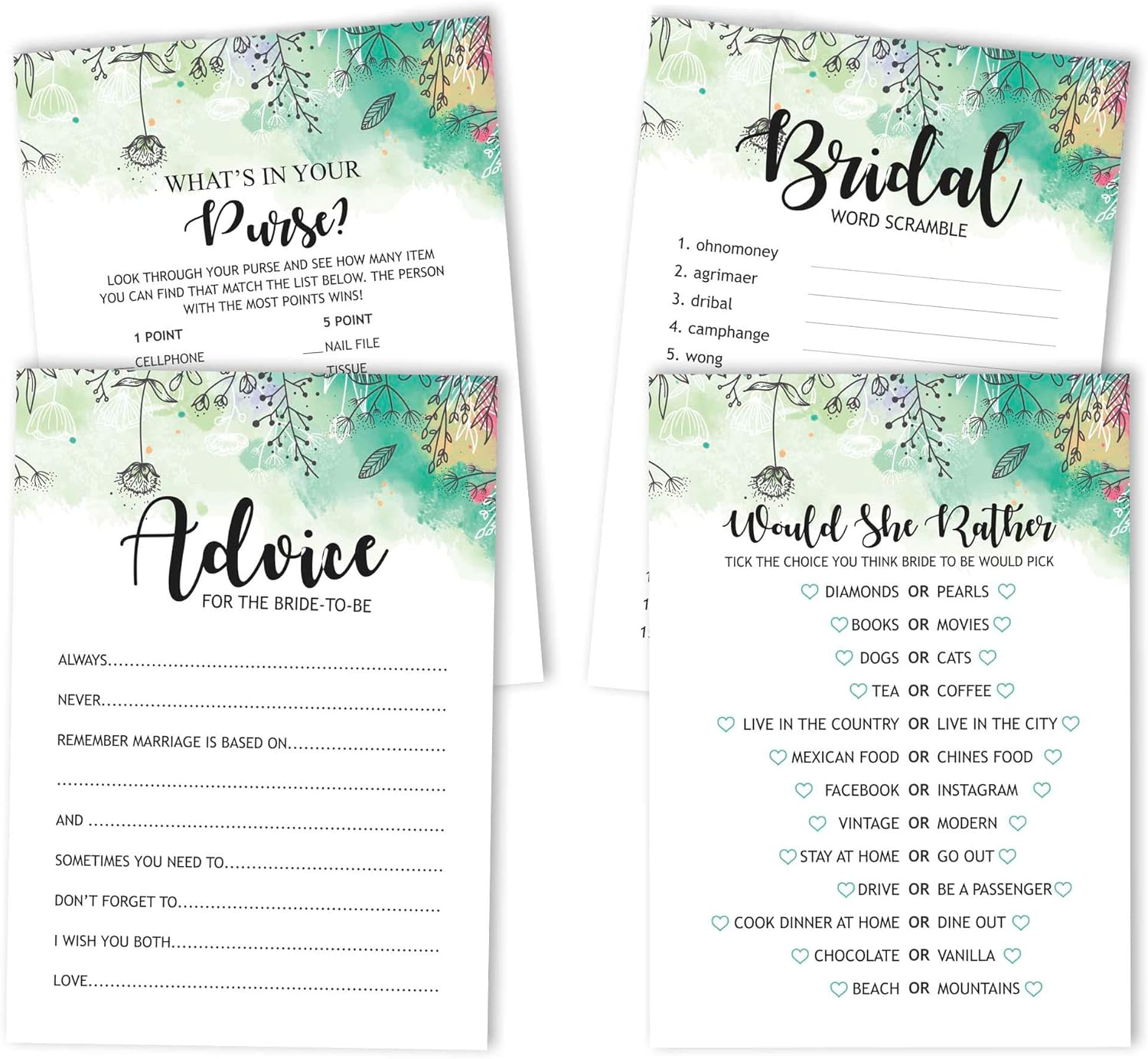 Greenery Floral Bridal Shower Games Set of 4(50 Sheets Each) Fun Bachelorette Party Games Set Bundle