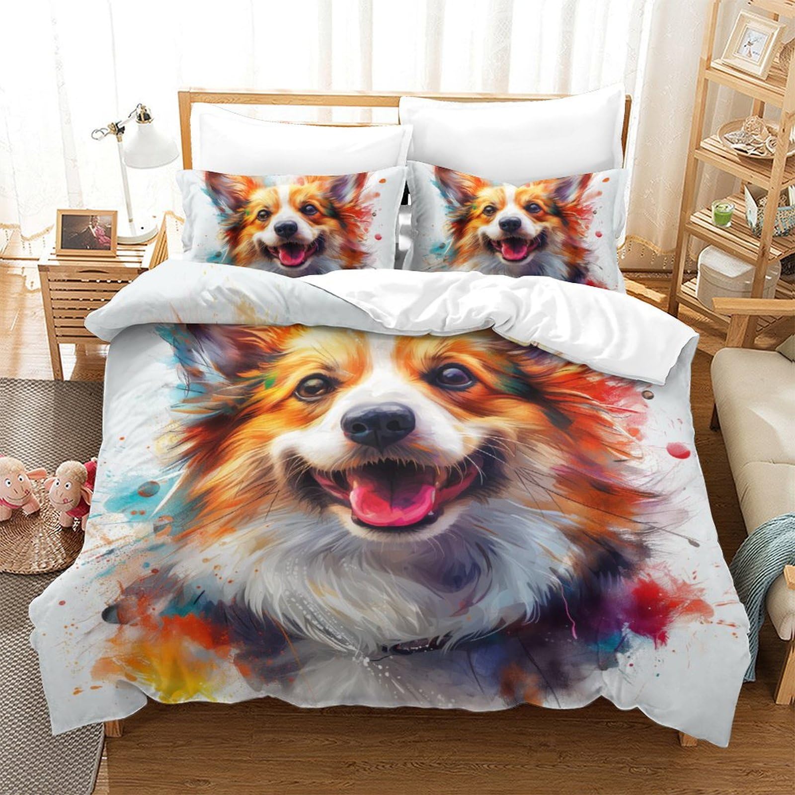 Parure de lit Corgi 3D cadeau parfait pour lit double ado avec taies