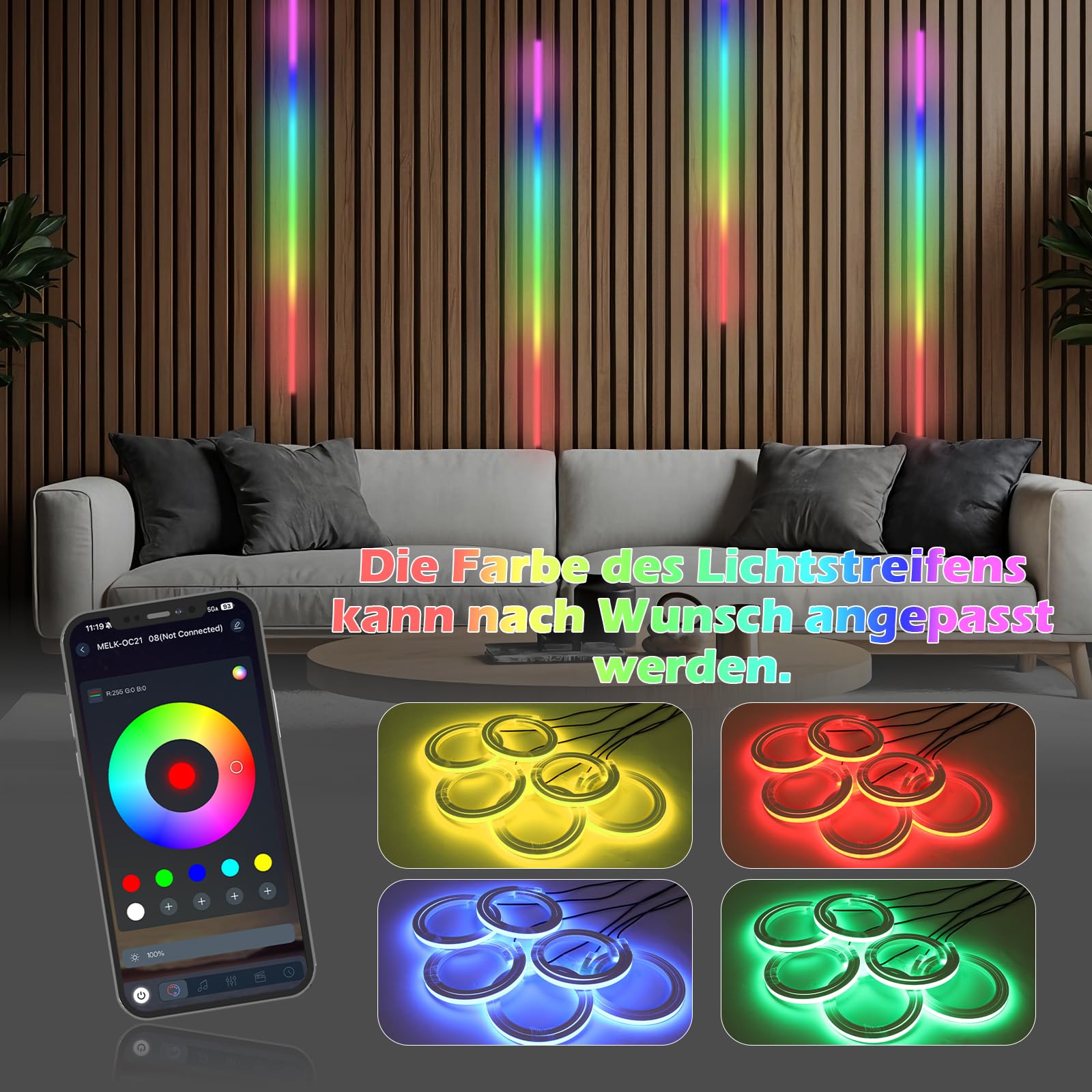 RGB LED für Akustikpaneele,6 Stück 100cm RGB LED Strip APP Steuerung | 12×12mm Flexible LED mit Fernbedienung, Eingebetteter LED für Schlafzimmer,Akustikpaneele