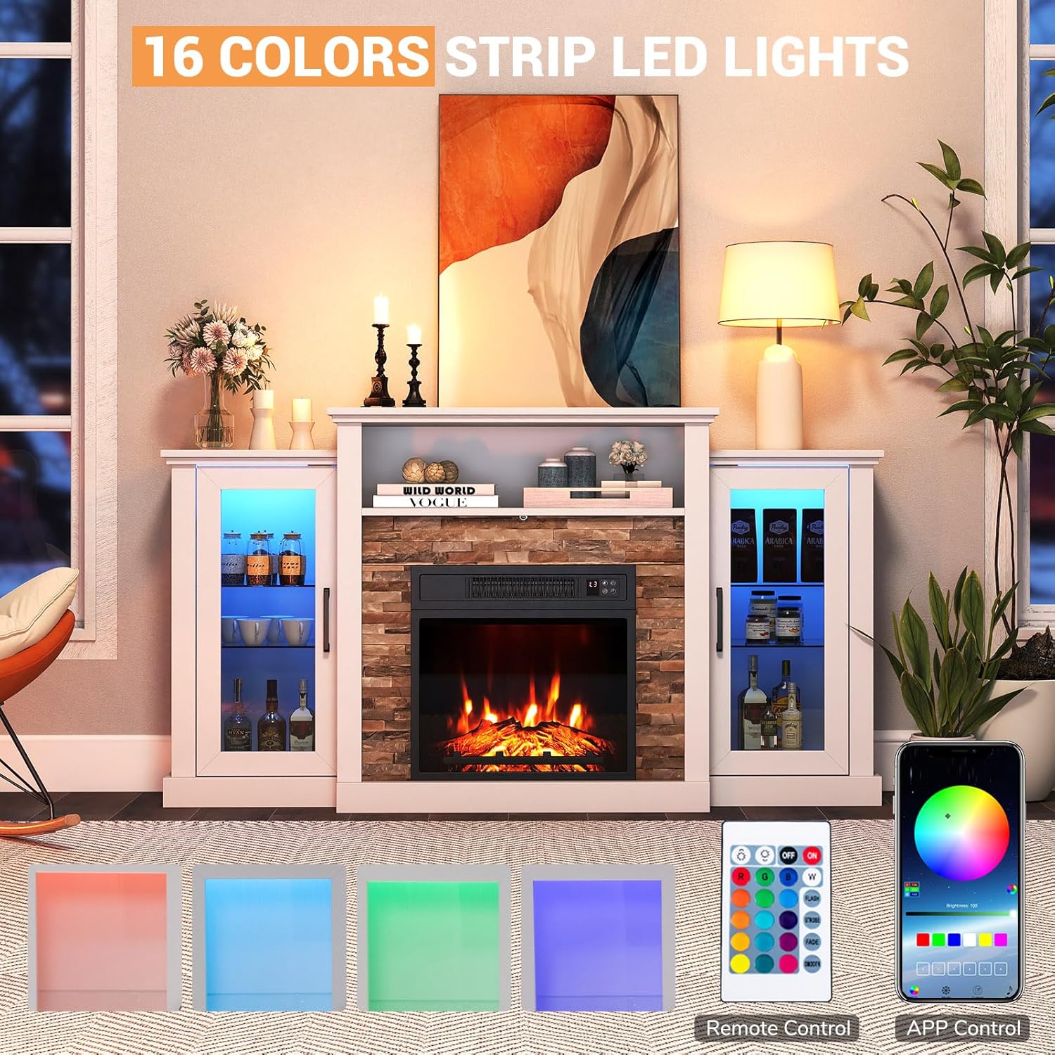 ARLIME 59 Inch Electric Fireplace TV Stand, Fireplace Heater with Mantel, 19 Inch Fireplace Insert with Remote/App Control, 16 Color LED Lights & Overheat Protection for Living Room (White)