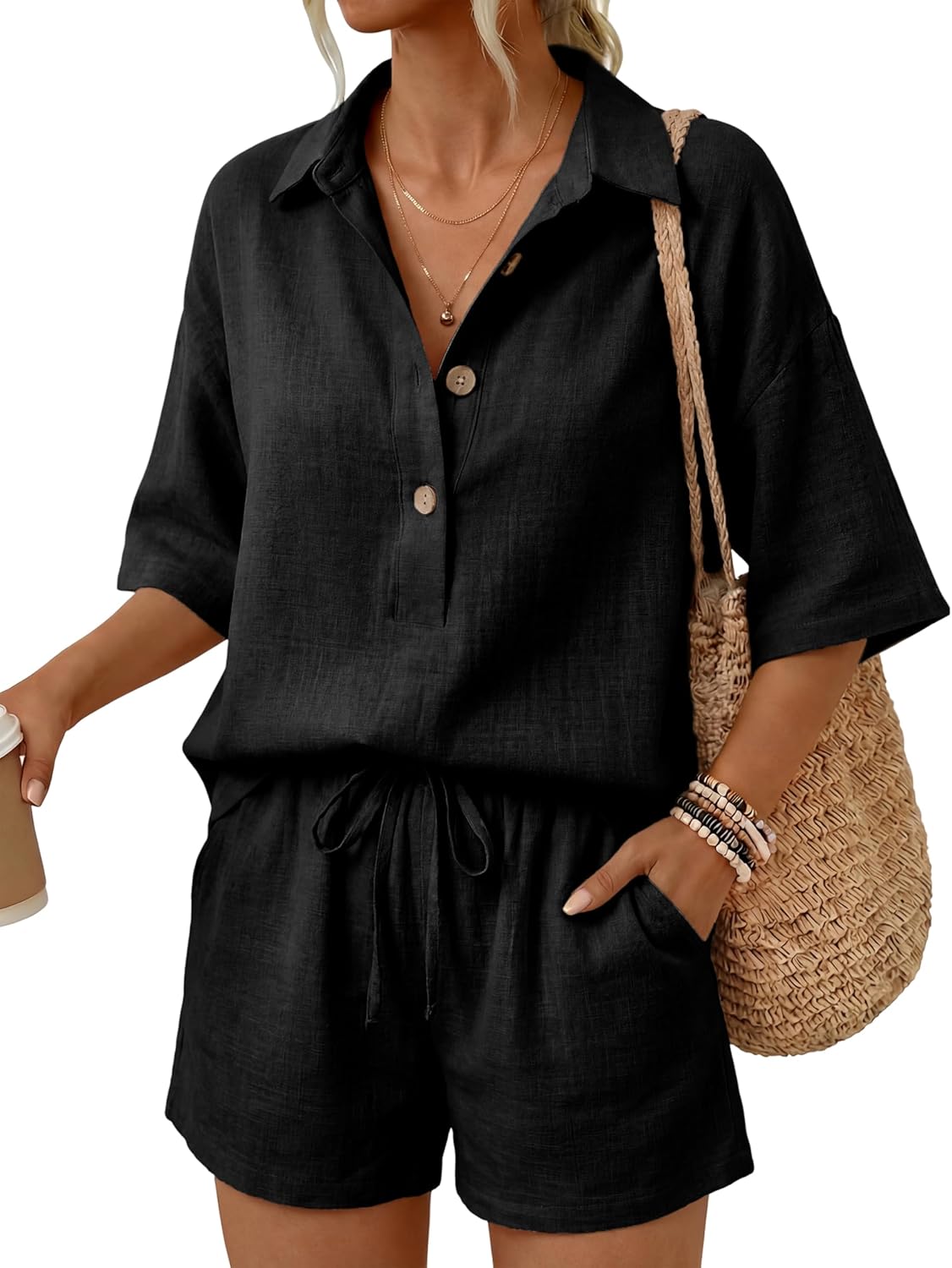 APAFES Women's 2 Piece Linen Set Summer Casual Button Down Shirt Matching Short Sets Lounge Beach Outfits With Pockets